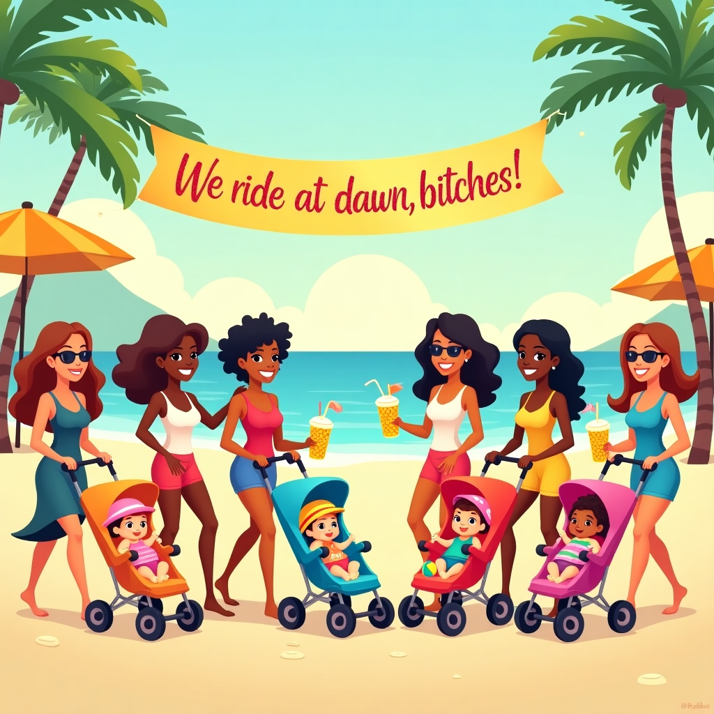 6 women pushing strollers , 6 babies, At the beach, Slogan we ride at dawn bitches , and Women drinking cocktails New-baby Card
