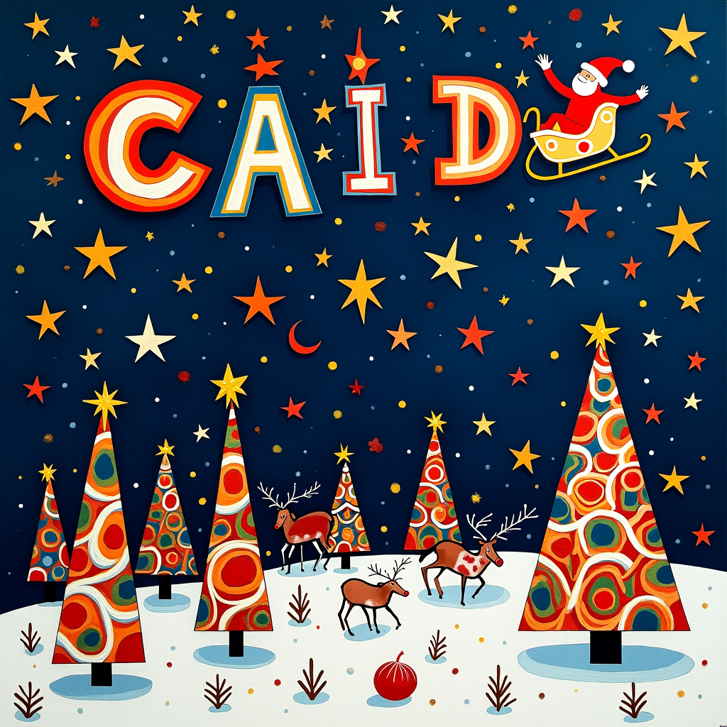 In this whimsically abstract Christmas scene, imagine a sky filled with vibrant, geometric constellations reminiscent of Mondrian's grid paintings, each star twinkling in primary colors against a deep indigo backdrop. These stars form the letters "C-A-I-D-E" in a playful cosmic dance, as if they were waltzing across the firmament in a merry celebration. Below this celestial wonder, a surreal Santa Claus hovers mid-air, crafted in the chaotic yet energetic style of a Pollock painting. His sleigh is an amalgamation of Rothko-like rectangles, pulsating with shades of red, green, and gold. The reindeer, instead of their usual graceful forms, are depicted as Miró-esque creatures—whimsical and slightly abstracted with elongated limbs and playful spirals for antlers. The ground below is a de Kooning-inspired chaotic landscape of swirling snowdrifts, punctuated by candy cane trees that spiral upward in colorful, twisting columns. In the corner, a Kandinsky-style Christmas tree stands, composed of concentric circles and dynamic lines, its decorations floating around in a harmonious cacophony. Scattered throughout the scene are splashes and scribbles, à la Cy Twombly, representing the frosty wind swirling through the air. The whole composition is tied together with a lattice of Agnes Martin's delicate lines, subtly weaving through the elements, adding an unexpected yet coherent structure to this festive and abstract tableau.
Generated with these themes: Santa Claus .
Made with ❤️ by AI.