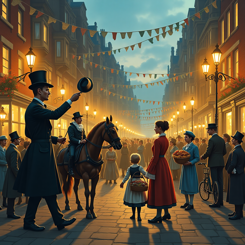Picture a bustling Victorian street scene, bathed in the warm glow of gas lamps as dusk settles over cobblestone roads. Horse-drawn carriages clatter by, their drivers tipping hats in thanks as they pass. The street is alive with a diverse crowd, each person expressing gratitude in comically exaggerated ways. 

In the foreground, a stately gentleman, reminiscent of a character from a Beatrix Potter tale, is tipping an impossibly tall top hat, nearly losing his balance as he graciously bows to a flower seller who beams in return, her baskets overflowing with colorful blooms. Nearby, a gaggle of children, styled in Edward Gorey-esque outfits with oversized buttons and lace collars, swarm around a street performer dressed as a whimsical jester, juggling thanks-giving pies while performing a balancing act on a unicycle.

To the side, a Victorian family, illustrated with Quentin Blake's lively lines, stand together, the father holding an enormous turkey, with the mother offering a gigantic, steaming cup of tea to a passing postman. A Norman Rockwell inspired scene unfolds with a kind elderly lady standing on her doorstep, her apron covered in flour, handing out freshly baked bread to a line of grateful neighbors.

Above, banners strung between gas lamps display messages of thanks in elegant Victorian script, fluttering in the gentle evening breeze. An air of whimsical chaos reigns as people exchange goods, thanks, and smiles, each interaction a tiny story of its own. A little dog with a frilly collar, straight out of an Arthur Rackham illustration, barks joyfully, pulling on the leash of its unsuspecting owner who’s attempting to hand a bouquet to a young lady.

The architecture around them is grand and intricate, echoing Gustave Doré's detailed engravings, with towering townhouses, their windows glowing warmly. Each element is harmoniously detailed, drawing on inspirations from Maurice Sendak’s imaginative storytelling, ensuring that every viewer finds a new detail to chuckle at upon each glance.
Generated with these themes: Victorian Street Scene, and Crowds of thankful people.
Made with ❤️ by AI.