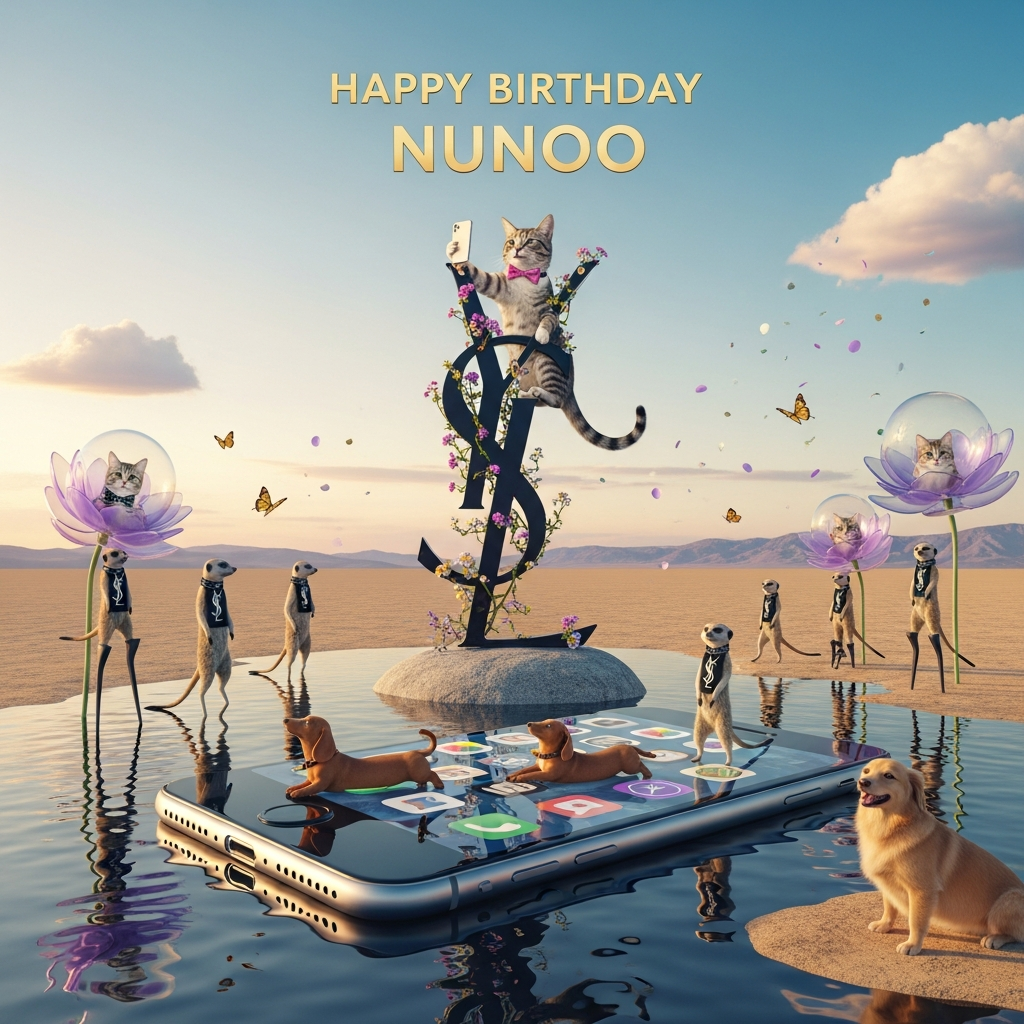 At the top of the Surreal Style image, Happy Birthday Nunoo

Dreamlike, Dali-inspired surreal comedy scene with melting forms and ethereal lighting: a vast pastel sunrise desert-meadow with a mirrorlike pool. In the center stands a monumental Saint Laurent YSL monogram sculpted from glossy obsidian entwined with living vines and wildflowers; its lower edges gently melt into the pool, which is actually a giant iPhone screen draped over a smooth rock, its liquid glass rippling into reflective waves. Perched on the YSL, a regal tabby cat in a tiny satin bow tie strikes a smug selfie with a slightly melting iPhone; its tail curls like a question mark. A procession of meerkats on impossibly long, stilt-like legs strut across the iPhone-pool as if on a runway, wearing miniature YSL silk scarves and pulling exaggerated fashion poses; one meerkat photobombs with wide-eyed sincerity. In the foreground, a golden retriever with buoyant balloon-ears and oversized YSL sunglasses grins goofily; a sausage dog stretches like a bridge for two meerkats to cross. Other cats lounge inside giant flower-blooms whose glassy petals resemble app icons; butterflies shaped like tiny speech bubbles drift by; clouds form soft pawprints. Confetti-like petals float on the breeze, hinting at birthday celebration without extra text. Color palette: soft golds, lilac, mint, and inky midnight accents; textures of velvet shadows, glossy liquid glass, plush fur, and satin. Lighting: cinematic low sun with dreamy god-rays and long, surreal shadows; shallow depth-of-field keeps animals crisp while the landscape stays dream-soft. Composition: grand, clean focal center with generous sky space for the header. Render the top text as elegant molten-gold lettering with a soft halo, slightly drooping at the tips, legible and high-fashion. Tasteful use of the YSL monogram as art, not an ad; no other logos or marks.

At the bottom in small playful lettering: Stay pawsitively iconic.
Generated with these themes: Cats, meerkats, dogs, luxury brand ysl, iPhone, nature, , and .
Made with ❤️ by AI.