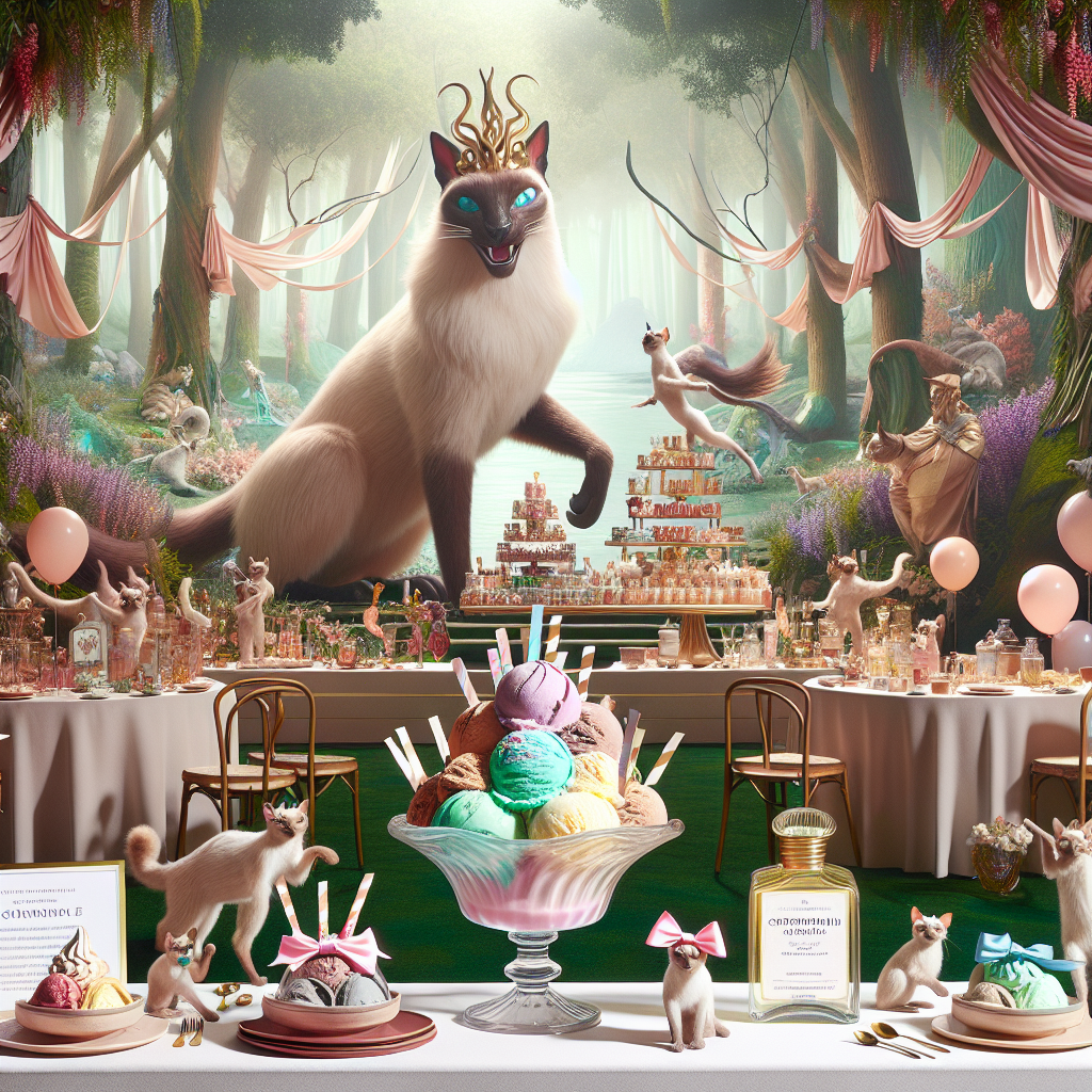 Visualize a delightful scene set within a tranquil forest glade where a playfully redesigned large, forest-dwelling mythological creature is hosting a festive gathering. The ambiance is filled with merriment as ribbon and bow bedecked Siamese cats prance around. At the heart of the celebration, a table is loaded with delicious treats that include a grand station for an ice cream sundae, boasting flavors inspired by scintillating floral and sweet notes reminiscent of a popular fragrance. Adding to the whimsy are plenty of balloons, streamers, and a subtly fragrant glass bottle, ingeniously utilized as a stylish table centerpiece.
Generated with these themes: Bigfoot, Siamese cats, Ice cream, and Dior perfume.
Made with ❤️ by AI.