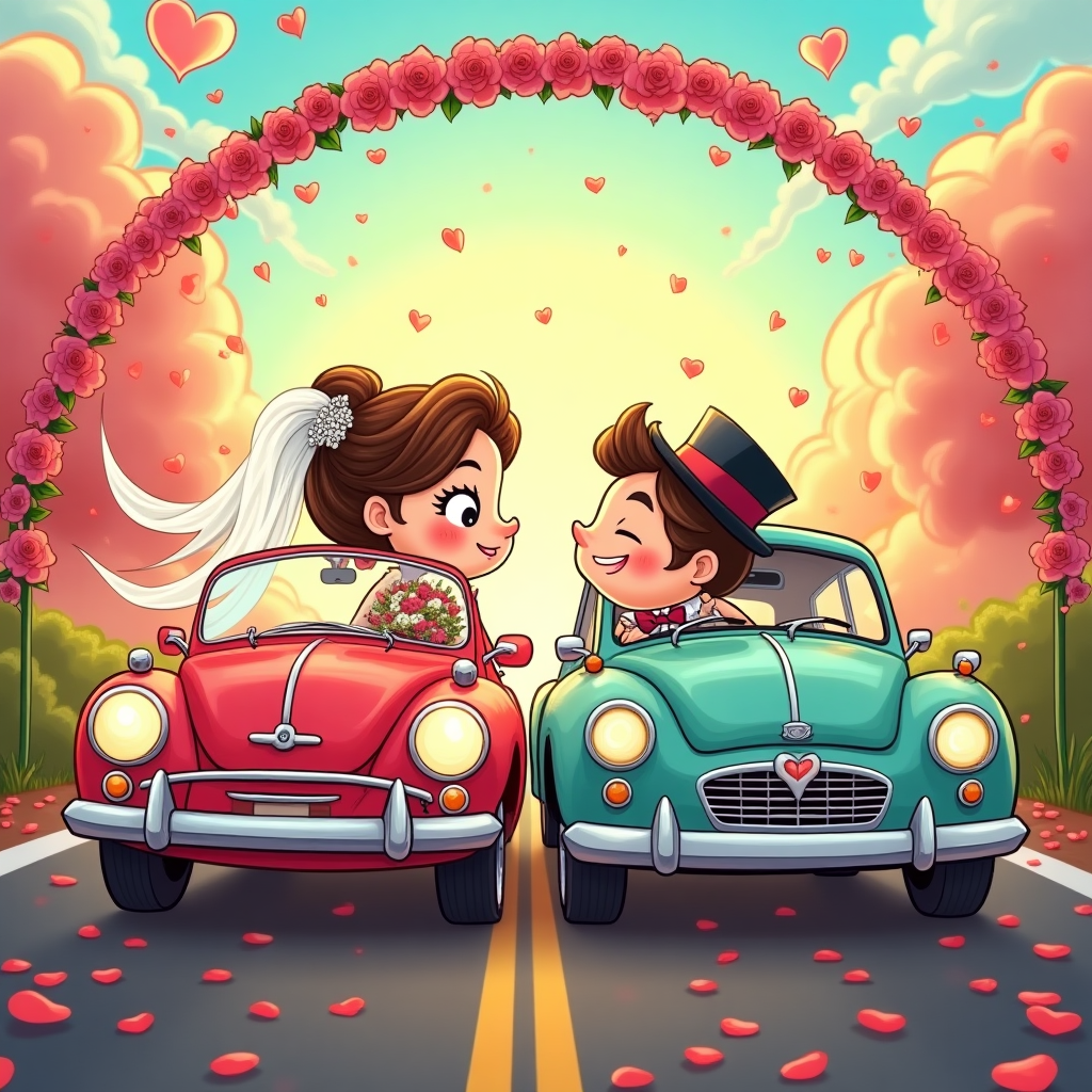 At the top of the Cartoon Style image, Ryaan and Sophia in a flowing romantic script, large and elegant.

A vibrant, romantic Cartoon Style wedding scene bursting with playful charm: Two adorable anthropomorphic cars as the happy couple, with exaggerated proportions, thick black outlines, and bright saturated colors. The bride is a cherry-red convertible with huge sparkling headlight-eyes, a soft white veil, and a bouquet tied to her mirror; the groom is a teal vintage coupe with a cheeky top hat, bow tie, and smiling grille. They nuzzle bumpers like a kiss, tin cans and ribbons trailing behind, puffing heart-shaped exhaust. A second car (their “best car”) zooms playfully alongside, tossing confetti from its sunroof, forming a lively “cars, cars” celebration. The road curves into a sunlit horizon under an arch of flowers and balloons, petals swirling, tiny heart sparkles and chrome gleams everywhere. Candy-color palette (cherry red, teal, sunshine yellow, sky blue, pink); glossy paint highlights and twinkling chrome; whimsical, energetic poses; festive motion lines and confetti swirls. Soft golden-hour glow, dreamy pastel sky with floating hearts, minimal background clutter so the cars and romance pop.

At the bottom of the Cartoon Style image, a small playful caption in bouncy lettering: Hitched & Hitting the Road!
Generated with these themes: Cars, Cars, and .
Made with ❤️ by AI.