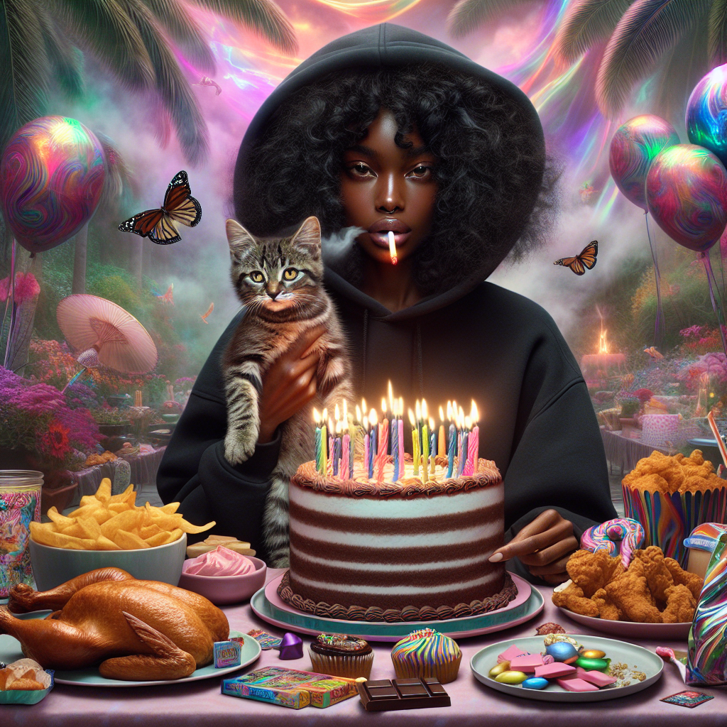 In a bustling, dream-like backdrop, a medium brown-skinned woman with her voluminous, shoulder-length curly black hair peeks out from underneath the hood of her sweatshirt. She's gently holding a striped brown tabby kitten, a playful creature that mirrors the tones of her hoodie. They're in the center of an unconventional birthday party: a cake crowned with shimmering candles is touched by the course of sweet-scented marijuana smoke. Vivid, story-filled balloons hover over a grand feast of fried chicken, crispy chips, luxurious chocolates, and freshly sliced apples. Further away from the cheerful festivities, ethereal palm trees sway as if entranced, their rustling leaves whispering enigmatic stories to the outdoor whispers. Their presence roots the scene in a reality beyond comprehension.
Generated with these themes: Medium brown skin woman with really curly shoulder length black hair wearing a hoodie, Curly afro shoulder length hair, Tabby kitten striped brown,  Birthday cake celebration, Smoking weed marijuana cannabis, Balloons and presents, Fried chicken, chips, cake, chocolate, apple slices, fries, and Palm trees outdoors.
Made with ❤️ by AI.
