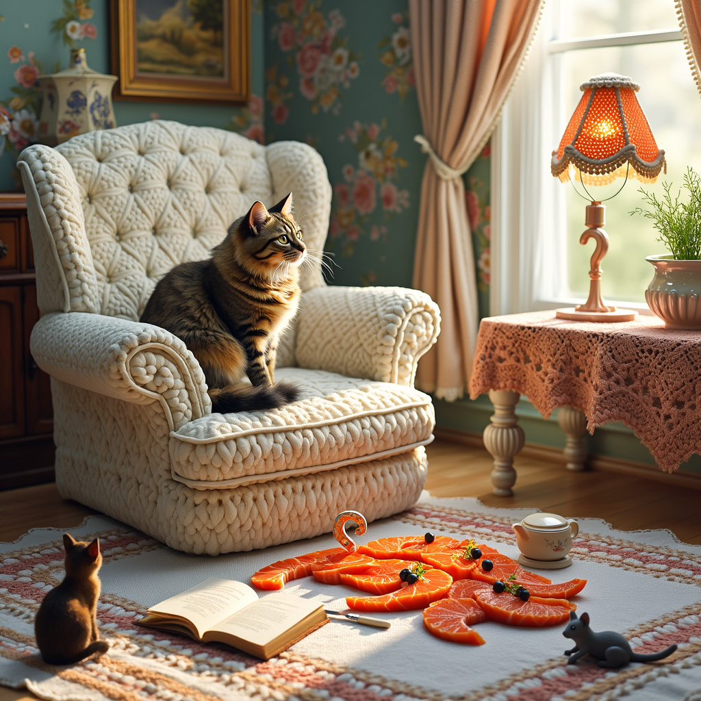 Imagine a whimsical, pastel-colored living room where the walls are knitted in intricate crochet patterns, with different textures and vibrant shades of yarn creating a patchwork of artistic designs. In the center of the room, a large, plush, crocheted armchair sits. Perched on the armchair, with elegant poise, is a fluffy Maine Coon cat, whose fur almost blends into the crochet patterns due to its elaborate, multicolored fur.

A grand oak table, also wrapped in a delicate crochet tablecloth, stands next to the armchair. Upon this table, there is an extravagant spread of smoked salmon arranged in the shape of a cat, complete with olives for eyes and whiskers made from thin slices of chives. The smoked salmon glistens invitingly under the soft light coming from a nearby crochet lampshade, with light piercing through the small holes, casting playful, intricate shadows around the room.

Hovering above the scene is a large crochet mobile, where little yarn figures of cats dangle alongside miniature knitted question marks and tiny, detailed salmon slices. This mobile is slowly spinning, creating a dreamy carousel of crocheted wonders.

On the floor, a couple of cats—one a sleek Siamese and the other a tiny tabby—are engaged in what seems to be a trivia quiz game. They have small, cartoonish speech bubbles above their heads, where one reads a question from a small, open quiz book lying beside them: “How many lives does a cat have?” The other cat ponders deeply, a tiny, yarn-knitted mouse toy beside it, as if it is its thinking companion.

Every element in the scene is harmoniously tied together by the intricate crochet patterns and the playful interactions of the cats, telling a fantastical story of feline intelligence, cozy crafts, and gourmet delights.
Generated with these themes: Crochet, Cats, Smoked salmon, and Quizes.
Made with ❤️ by AI.