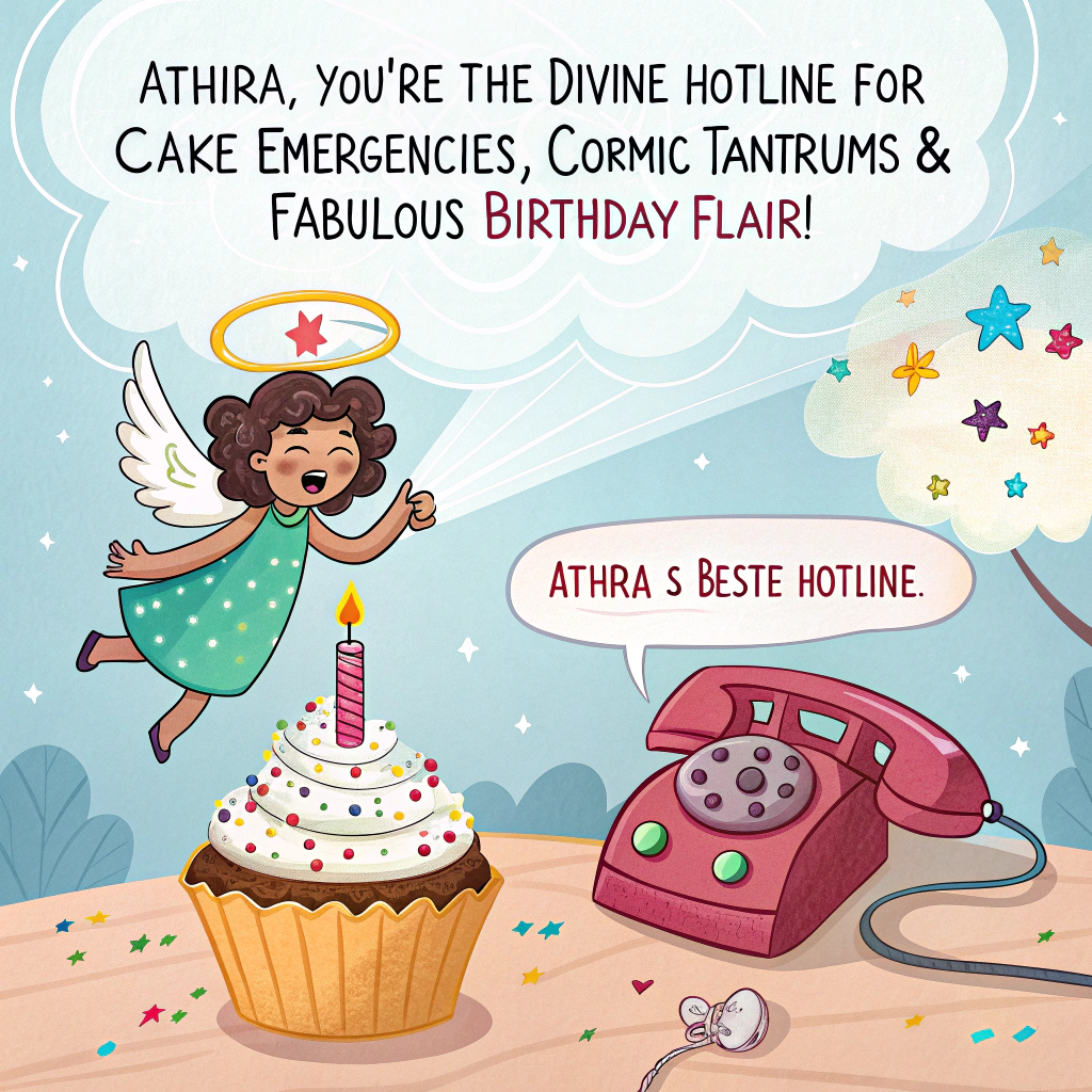 At the top of the image, "Athira, you're the divine hotline for cake emergencies, cosmic tantrums & fabulous birthday flair!"

- The illustration should show a hilariously dramatic birthday scene in the clouds:  
   - A cartoon-style Angel (with a halo slightly askew and the cutest, cheeky grin imaginable) floating next to a telephone that reads “Athira’s Bestie Hotline.”  
   - A child character in sparkly fairy wings dramatically wailing because their cupcake is upside down, while glitter explodes around them.  
   - A bold, stylish lady in fabulous high heels (clearly channeling main-character energy) is strutting through the sky, pointing assertively at the mess while handing out sunglasses labeled "Birthday Boss Mode."  
   - Behind them is a fluffy pink cloud banner that reads “Bestie to the Rescue!”  

Let the scene explode with chaos, charm, sparkles, and total birthday fabulosity.
Generated with these themes: Angel with cutest smile, child character and bold lady and go through person for any thing my sweetest bestie.
Made with ❤️ by AI.