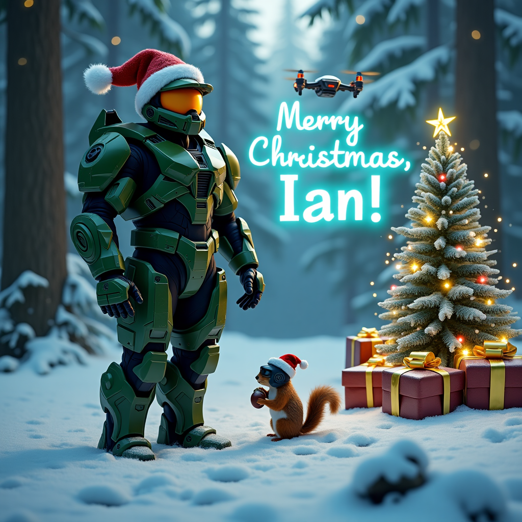In a wintry, snow-draped clearing nestled within a dense pine forest, the legendary Master Chief from the Halo universe stands proudly, exuding both authority and holiday cheer. He is clad in his iconic green Mjolnir armor, but today, he sports a jovial twist: a plush red-and-white Santa hat perched jauntily atop his helmet, its pom-pom softly brushing the edge of his visor. Behind him, a makeshift Christmas tree, crafted from a few salvaged energy swords crossed and glowing softly in various hues of blue and green, illuminates the scene. Resting against the tree are a few battle-worn crates wrapped in shimmering metallic gift wrap, complete with oversized golden bows.

Above Master Chief, an array of brilliantly twinkling stars spell out the festive greeting "Ho Ho Ho" in the distinctive Halo typeface, casting a gentle luminescent glow over the scene below. The snow beneath Master Chief's feet is dotted with the footprints of various small woodland creatures, hinting at the lively forest life that has paused to witness this unique moment.

To incorporate Ian's name, a drone hovers in the background, creatively reprogrammed to project a holographic display that spells out "Merry Christmas, Ian!" in radiant, floating text. The drone, sporting a small Santa hat of its own, emits a soft hum, adding to the futuristic yet festive atmosphere. Nearby, a squirrel wearing a tiny Spartan helmet munches on an acorn, completing this whimsical and heartwarming holiday tableau.
Generated with these themes: Master chief wearing a Christmas hat, and ‘Ho ho ho’ written in halo text.
Made with ❤️ by AI.
