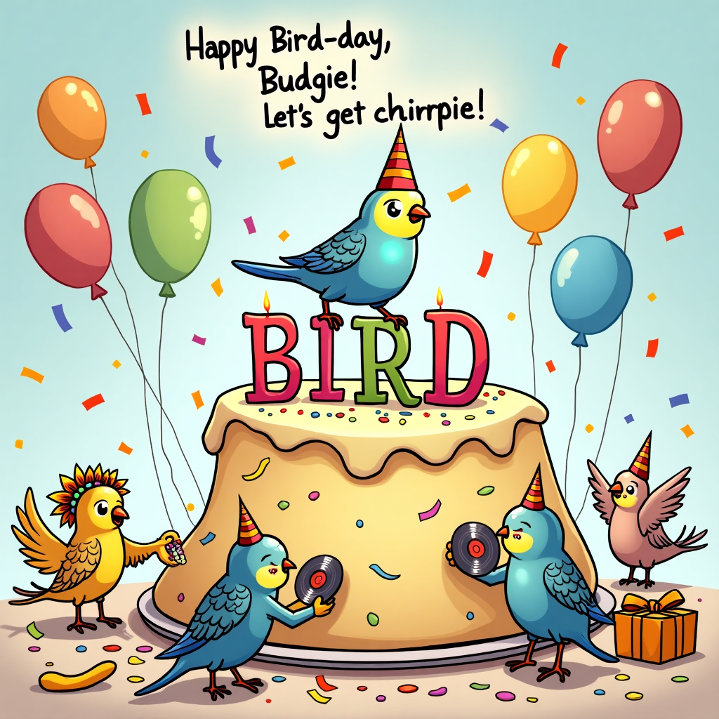 At the top of the cartoon image, "Happy Bird-day, Budgie! Let's get chirpy!"

A bright and hilarious cartoon scene featuring a cheeky blue budgerigar wearing a tiny birthday hat, perched proudly atop a ridiculously oversized birthday cake. The cake is lopsided and smothered in frosting, with colorful candles spelling “B-I-R-D”. Around the cake, a party of other budgerigars in silly costumes are having a wild celebration — one is DJing with records that look like sunflower seeds, another is doing the worm dance, while one budgie attempts to open a tiny gift with its beak, clearly struggling. Balloons float in the background shaped like feathers and millet sprays, and there’s confetti falling everywhere like molted feathers in a bird disco.
Generated with these themes: Blue budgerigar.
Made with ❤️ by AI.