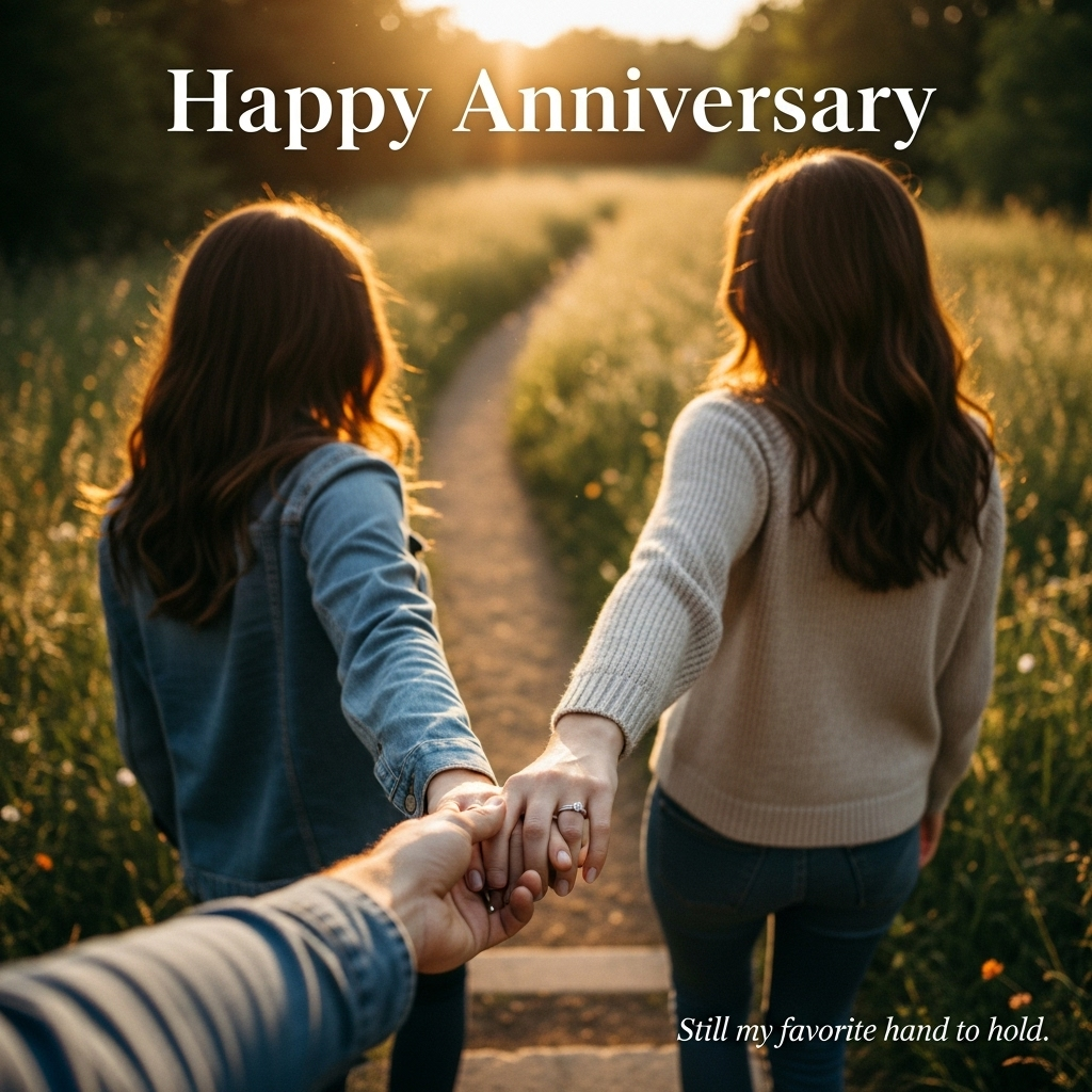 At the top of the Photorealistic picture taken from a camera image, Happy Anniversary

Ultra-high-definition 4K UHD photograph, romantic and true-to-life. Golden hour scene on a gently winding woodland path lined with wildflowers and sunlit tall grass. Over-the-shoulder, candid view of a couple walking away hand in hand, fingers interlaced at the center of the frame; wedding bands catching warm light. One partner subtly leading the other up a small, uneven step in the path—supportive, intimate, and quietly thrilling. Backlit glow rims their hair and sleeves, with lifelike textures in skin, denim, and knitwear; you can almost feel the warmth. Depth of field is shallow: hands in crisp focus, background a creamy bokeh of leaves and light. Soft lens flare, floating dust motes, and rich dynamic range for natural skin tones and realistic shadows. Composition leaves gentle negative space in the sky/canopy area for the title text to read clearly. Wardrobe is timeless and neutral; no logos. Shot on a full-frame camera (Sony A7R IV/Canon R5), 85mm lens at f/1.8, ISO 100, 1/500s, RAW-grade detail, accurate lighting, lifelike textures, rich depth of field, subtle vignette.

Title text styling: elegant, clean white serif at the top, soft drop shadow, tasteful letterspacing to float over the bright bokeh.

Small caption: a delicate handwritten-style line near the bottom-right in soft white or warm gold reading, “Still my favorite hand to hold.”
Generated with these themes: Dear Dawn,  I feel so lucky to be walking through life with the friend who laughs and dreams with me. The partner who stays beside me, even when the path isn’t easy. The one who can still thrill me just by reaching for my hand.  I love you then, I love you still, Always have & always will.  With all my love, Phil ❤️, and .
Made with ❤️ by AI.