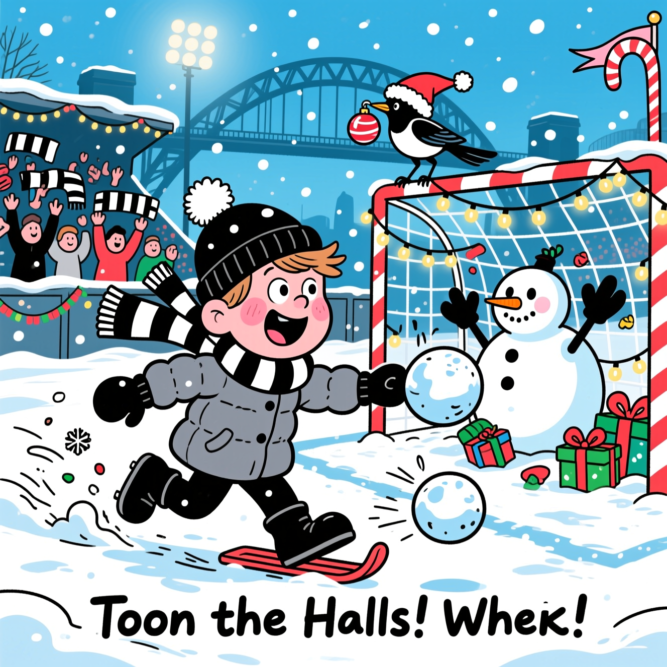 Full-bleed, portrait, funny Christmas cartoon illustration at a snowy St James’ Park in Newcastle. Foreground: a wide-eyed, rosy-cheeked kid with exaggerated proportions and a huge grin, knee-sliding across the pitch, wearing a black-and-white striped scarf and bobble hat, puffy coat, mittens, tiny boots; thick black outlines, bright saturated colors. The kid has just blasted a comically oversized snowball toward the goal; dynamic motion lines and sparkly snowflakes. In the goal, a startled snowman goalie with big gloves dives as a fairy-light-strung net bulges, wrapped presents tumbling inside. A cheeky magpie in a tiny Santa hat perches on the crossbar, clutching a shiny bauble. Stands packed with simplified fans waving black-and-white scarves; tinsel and twinkling lights along the rails; a candy-cane corner flag; soft snowfall under glowing floodlights; distant silhouette of the Tyne Bridge. Include one small caption at the bottom in playful hand-lettered style: Toon the Halls! Whimsical, energetic, playful cartoon style; thick outlines, bold shapes; vibrant icy blues, crisp whites, and festive pops of red and green. No other text or logos.
Generated with these themes: Newcastle united , Football , and .
Made with ❤️ by AI.