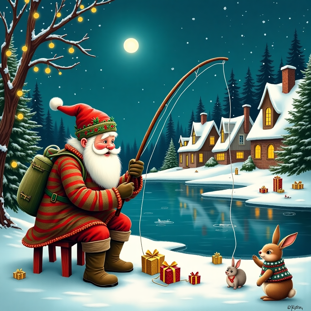 On the front of the Christmas greetings card, we have an imaginative and whimsical winter wonderland scene that merges the traditions of Christmas with the serene art of fishing. Picture a cozy, snow-blanketed village where every rooftop sparkles under the moonlight. At the heart of this village is a quaint frozen pond, surrounded by fir trees adorned with twinkling fairy lights and glistening ornaments reminiscent of Beatrix Potter’s delicate charm. The focal point of the illustration is a jolly, round-bellied Santa Claus, dressed not in his usual red suit, but in vintage fishing attire: an oversized, patchwork wool sweater, a pair of rubber waders, and a worn, floppy fishing hat adorned with tiny holly sprigs, drawing inspiration from Arthur Rackham’s rich detail.

Santa, with a twinkle in his eye akin to a character from a Quentin Blake story, sits on a colorful red and green striped stool on the ice, holding a fishing rod. However, rather than fish, he's "fishing" for Christmas presents! The line dips through a small hole in the ice, and peeking out are little boxes wrapped in shimmering silver and gold paper, each with a distinct pattern. Some presents float beneath the ice, visible through the crystal-clear surface, featuring ribbons in festive colors. Surrounding Santa, a handful of mischievous elves, dressed in elaborately patterned, Victorian-style jackets inspired by Edward Gorey's intricate designs, help haul up the line, their cheeks flushed from the cold.

Above, the night sky is a tapestry of stars, painted in the deep, luminous blues typical of Maxfield Parrish, with the occasional streak of a shooting star, perhaps granting wishes to those who spot it. In the background, Maurice Sendak-inspired whimsical village cottages puff gentle wisps of smoke from their chimneys, each window aglow with warm candlelight. In the foreground, near the edge of the pond, a curious rabbit and a hedgehog, nods to the animal characters of Beatrix Potter, watch the festive fishing antics with wide eyes, their fur frosted with tiny crystals of snow. 

This delightful scene combines the cheer of the holiday season with the peacefulness of fishing, telling a unique, playful story that will warm the heart of anyone who receives the card.
Generated with these themes: fishing.
Made with ❤️ by AI.