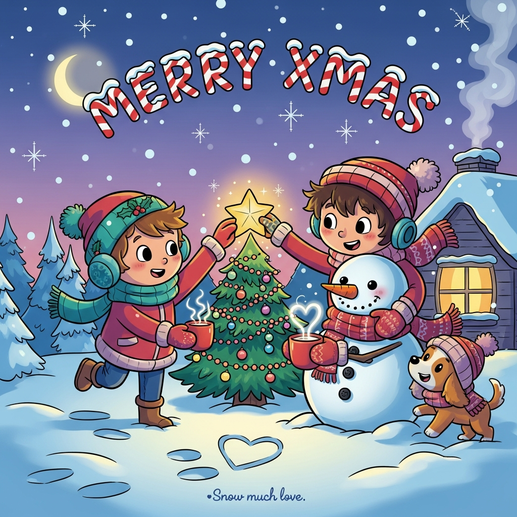 At the top of the Cartoon Style image, "Merry xmas" in friendly hand-lettered candy-cane stripes with soft snow caps, gently arched and softly glowing warm gold, centered.

A sincere, heartwarming Christmas snow scene in playful cartoon style: bright saturated colors, thick outlines, exaggerated proportions, and whimsical, energetic yet gentle poses. Portrait composition with generous snowy sky for breathing room. Twilight winter gradient sky (lavender to deep cobalt) with big, fluffy sparkling snowflakes drifting down. In the foreground, two bundled-up kids with big round heads, rosy cheeks, oversized scarves and mittens; one child on tiptoes placing a softly glowing star atop a small evergreen tree strung with twinkly lights and colorful baubles, the other hugging a smiling snowman in a knitted scarf and carrot nose; a tiny dog with a pom-pom hat wags nearby. Footprints curve into a subtle heart in the snow, and steam curls from a shared mug of cocoa into a faint heart shape. Background: a cozy cabin with warm golden window light and a thin chimney curl, snowy pines, and gentle moonlight rim-lighting the characters. Lighting is a tender mix of cool blue moonlight and warm festive glow, with soft bloom and crisp cel shading. Palette: icy teals, cobalt, and lilac balanced with rich reds, holly greens, and warm golds. Clean, bold linework, smooth shapes, and soft gradients; the image is large and character-focused, inviting and sincere.

At the bottom, a tiny caption: "Snow much love." in a small white hand-drawn script with a thin navy outline, subtle and unobtrusive.

No other text, no logos or watermarks.
Generated with these themes: Snow, and .
Made with ❤️ by AI.
