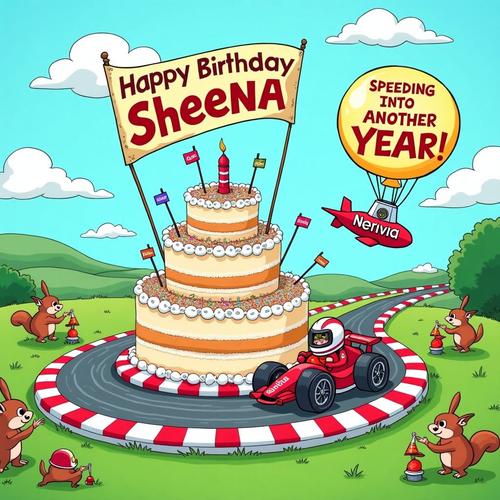 In the vibrant scene of this whimsical birthday greeting card, the focus is on a playful cartoon depiction of Lando Norris, the Formula 1 sensation, as he takes an exhilarating detour on a giant birthday cake racing circuit. The scene is set in a lush cartoonish landscape reminiscent of a comic strip by Bill Watterson, with rolling hills in the distance and a bright blue sky dotted with fluffy white clouds. 

The cake, a multi-tiered masterpiece, towers in the foreground, intricately decorated with colorful fondant flags and edible checkered patterns to mimic a race track. Lando, sporting his signature race suit and helmet, is cartoonishly shrunk and energetically driving a mini F1 car around the cake. His car's tires are kicking up a flurry of rainbow sprinkles, adding to the sense of speed and excitement. 

In a nod to Charles Schulz’s playful characters, a small squadron of cartoon animals—mischievous squirrels and jovial birds—cheer Lando on from the sidelines, holding tiny "Go Lando!" banners. The squirrels, wearing tiny racing helmets, have even set up a miniature pit stop with acorn fuel cans and a banana-tire-changing station.

Suspended high above this delightful chaos is a grand "Happy Birthday Sheena!" banner, stretched between two sky-high balloons shaped like racing helmets. The name "Sheena" is emblazoned in bold, festive letters and adorned with glittering stars, ensuring her name sparkles under the bright cartoon sun.

In the background, peeking from behind a fluffy cloud, a cartoonish blimp floats by with a cheeky nod to the Gary Larson style, humorously declaring "Sheena: Speeding Into Another Year!" in big, bold letters. This scene, filled with vibrant colors, dynamic action, and playful characters, captures the essence of a quirky and joyful birthday celebration that’s sure to delight any fan of Formula 1 and birthday fun.
Generated with these themes: Lando Norris F1 cartoon.
Made with ❤️ by AI.