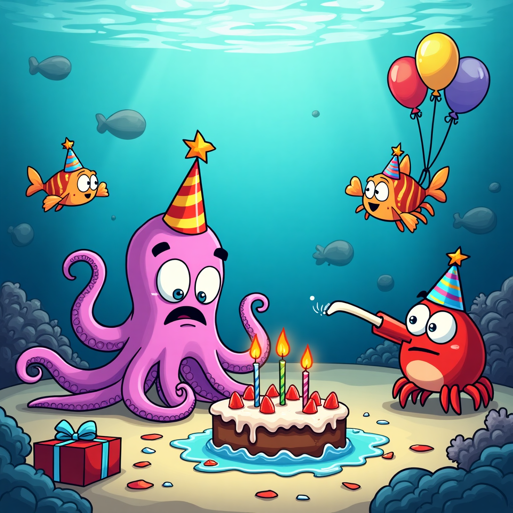 At the top of the cartoon image, "ARLO, Hope Your Birthday Goes Swimmingly (and Not Down the Drain!)"

Prompt for image generation:  
A hilarious cartoon-style underwater birthday scene. A confused-looking octopus is trying to blow out candles on a soggy birthday cake at the bottom of the ocean, surrounded by fish in party hats and a jellyfish holding balloons. Nearby, a cheeky crab holds a gift box that's clearly leaking, and a grumpy pufferfish floats with a party blower in its mouth. The whole setting is bright, colorful, and packed with funny underwater birthday chaos, all bathed in ocean blue light and cartoon whimsy.
Generated with these themes: Water.
Made with ❤️ by AI.