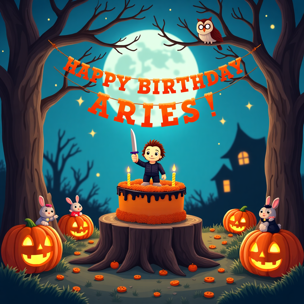 Cartoony Micheal meyers in a halloween setting Birthday Card