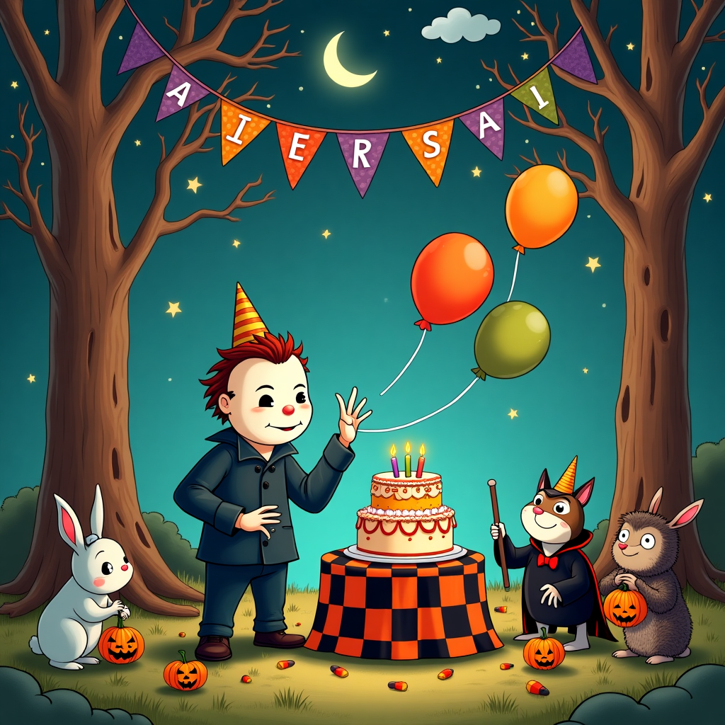 Cartoony Micheal meyers in a halloween setting Birthday Card
