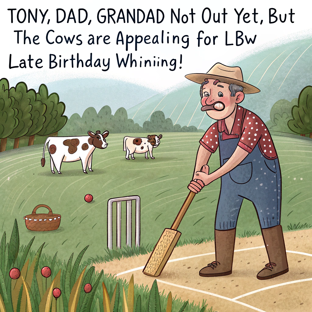 At the top of the realistic photograph image, "Tony, Dad, Grandad – not out yet, but the cows are appealing for LBW (Late Birthday Whining)!"

- The image shows a lush, muddy farm field turned into a makeshift cricket pitch.
- A farmer in wellies (clearly “Tony/Dad/Grandad”) stands at the crease in cricket whites, holding a wooden rake like a bat, mid-swing at a rogue bouncing potato.
- In the background, a bemused cow in a cricket helmet stands as wicketkeeper behind a hay bale.
- Another cow in pads stands off to the side with a bucket as an umpire, hoof half-raised for a dramatic “OUT?” gesture.
- A distant barn has a scoreboard reading “Age: Innings Going Strong”.  
- The mood is humorous and chaotic, with exaggerated realistic details and facial expressions.
Generated with these themes: Cricket and farming.
Made with ❤️ by AI.