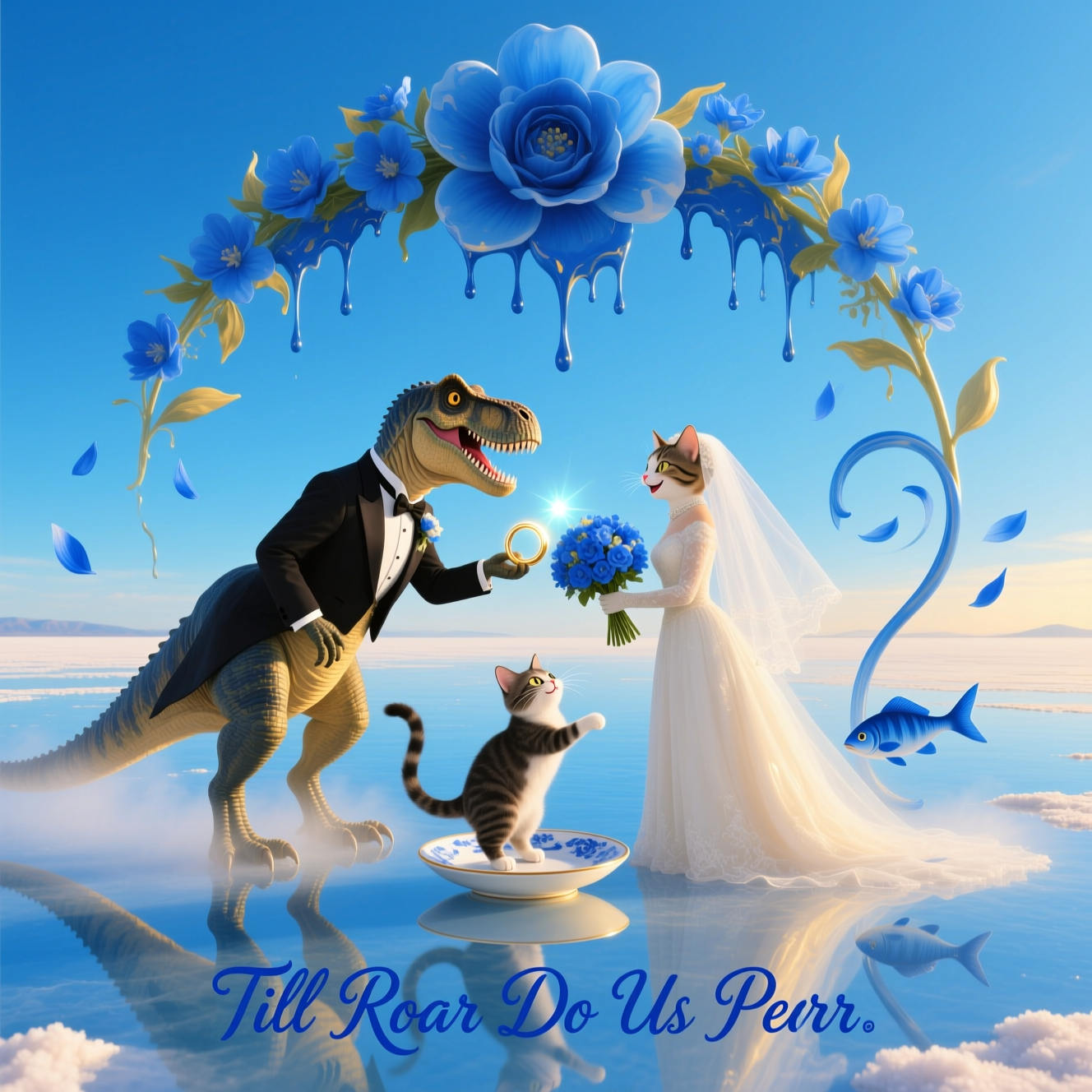 Dreamlike, Dali-inspired surreal wedding scene: an endless cobalt-blue salt flat where the cerulean sky melts into the ground; a tuxedo-wearing T. rex with a goofy grin leans down to a veiled cat bride with a mischievous whiskered smile. They exchange a glowing ring woven from blue flowers beneath a colossal floating flower arch that droops like wet paint. The cat stands on a levitating porcelain saucer; the dino’s tiny arms comically strain to present an oversized bouquet; blue petals swirl like slow-motion fish, and long elastic shadows stretch across the mirror-like floor. Ethereal golden-hour light, soft mist, elongated forms, melting shapes, otherworldly calm with a funny, whimsical vibe. Palette: deep cerulean, cyan, ultramarine with accents of ivory and warm gold. Painterly, ultra-detailed, crisp focus on the couple, gentle bokeh distance, portrait orientation, full-bleed composition.

Add a small caption at the bottom center in melting blue petal script: “Till Roar Do Us Purr.”
Generated with these themes: Blue, flower, dinosaur, cat, , and .
Made with ❤️ by AI.