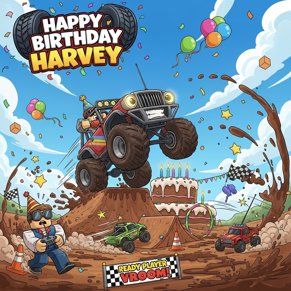 At the top of the Cartoon Style image, “Happy BIrthday Harvey” in huge bubbly lettering with thick black outline, tire‑tread texture, and confetti bursting behind it.

Portrait, playful cartoon scene with exaggerated proportions, thick outlines, and bright saturated colors: A goofy 4WD off-roader with giant balloon tires pops a wheelie over a dirt jump shaped like a frosted birthday cake, headlights as expressive eyes and a big grinning grill. A Roblox-style blocky avatar in a party hat and goggles drives the 4WD, while another blocky avatar on the ground frantically works a remote controller. Below, two tiny RC trucks whip around a mini dirt course with ramps, cones, and a balloon hoop—one RC launches midair with motion lines and sparkly stars, the other skids in a comic dust cloud. Confetti, cube-shaped balloons, checkered flags, and streamers swirl through a bright blue sky with puffy clouds. Mud splashes arc into playful star shapes, whoosh lines emphasize speed, and the whole composition feels energetic and silly.

Small extra text: On a checkered race banner near the bottom, “Ready Player VROOM!” in a bold, playful font.

Low-angle, wide perspective for dynamism; bold cel-shading; no real logos; vibrant palette of electric blues, candy reds, lime greens, sunshine yellows, and chocolaty mud splatters.
Generated with these themes: 4WD Driving, RC Cars, Roblox, and .
Made with ❤️ by AI.