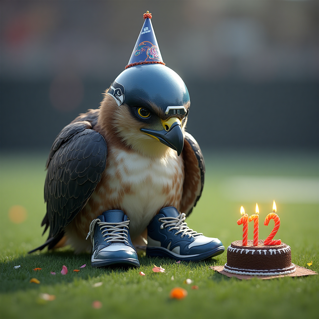 **Image Prompt:**

Imagine a comical scene where an anthropomorphic seahawk is attempting to lace up a pair of oversized, shiny NFL-themed trainers. The seahawk, wearing a tiny Seattle Seahawks helmet, is seated awkwardly on a football field, with a look of intense concentration as it struggles with the laces. Surrounding the seahawk are a few tiny birthday candles randomly scattered on the grass, and a small football cake with the number "12" prominently displayed. The trainers are humorously large compared to the seahawk, adding to the hilarity of the scene. 

**Text Caption:**  
"Hope your birthday fits like a glove... unlike these trainers!" 

This photorealistic image captures the scene with vivid detail, showcasing the textures of the grass, the glint of the trainers, and the whimsical expression on the seahawk's face, all in stunning 4K UHD quality.
Generated with these themes: NFL , Seahawkes, Trainers , and .
Made with ❤️ by AI.