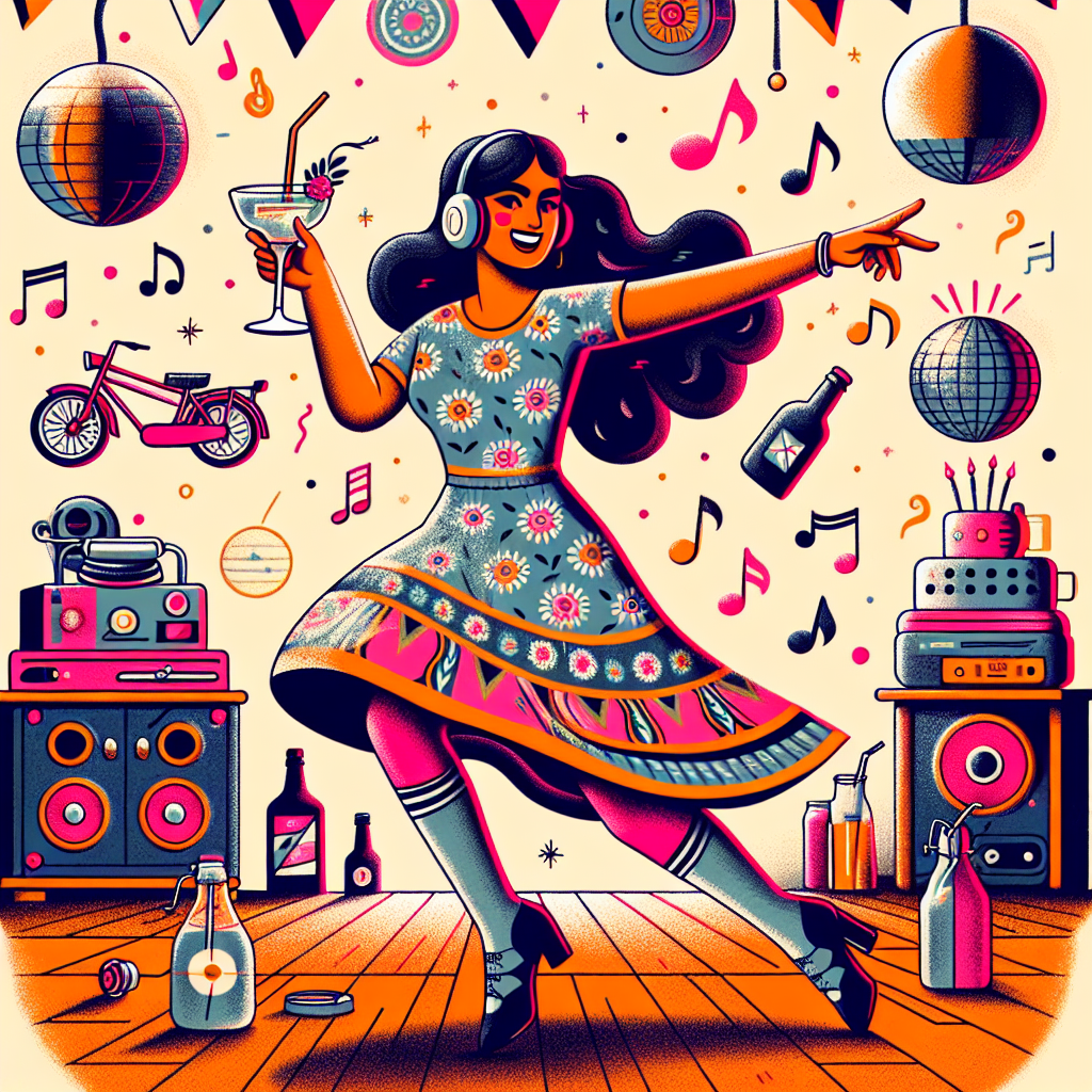 Illustration of a spirited scene of a birthday party with an Indian woman dancing to disco music in her Orla Kiely's pattern dress and long socks, holding a gin and tonic, surrounded by festive decorations including bikes and musical notes.
Generated with these interests: Indian Woman on a bike, Orla Kiely's pattern dress with long socks, and Gin and tonic disco music.
Made with ❤️ by AI.