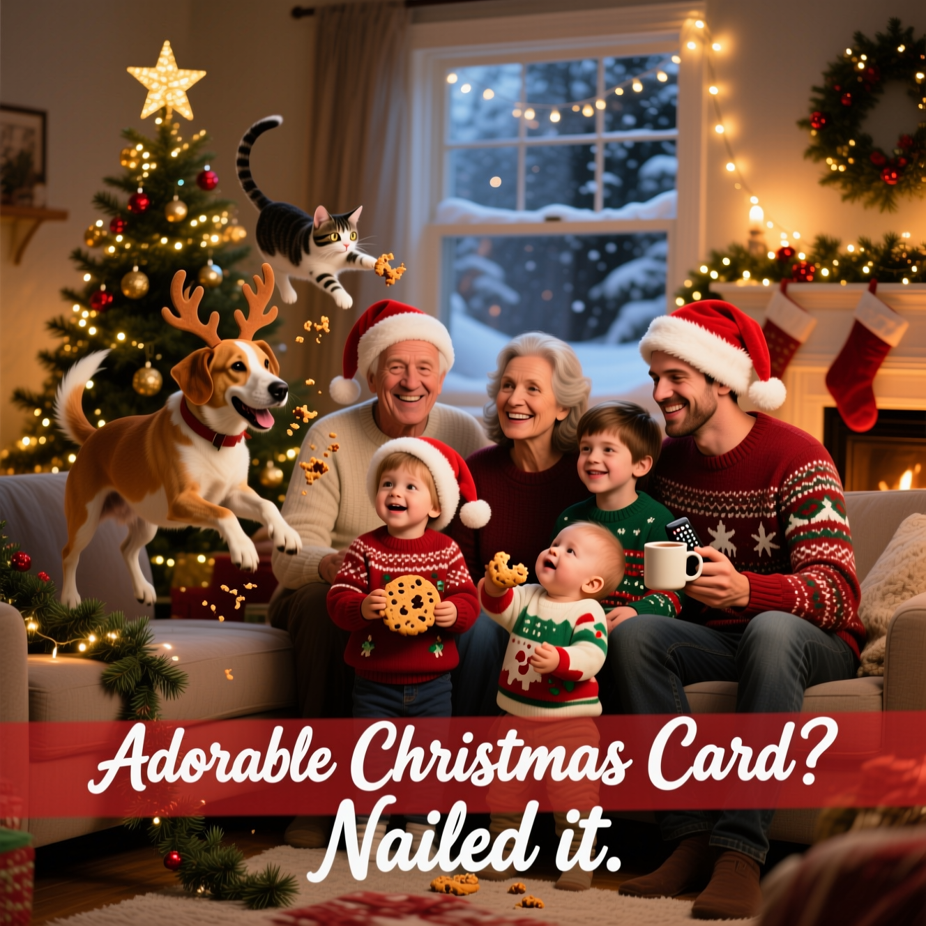 At the bottom of the Photorealistic picture taken from a camera image, Adorable Christmas Card?  Nailed it.

Ultra‑high‑definition 4K UHD photorealistic family picture: a cozy living room at Christmas, evening, warm twinkle lights, real pine tree with ornaments and soft golden bokeh, a snow-dusted window in the background, stockings on a mantle. Multi‑generational family gathered for a perfectly imperfect group portrait—grandparents, parents, two kids, and a baby—wearing mismatched ugly Christmas sweaters and Santa hats. In the exact instant the self‑timer fires, funny chaos erupts: the family dog in felt reindeer antlers mid‑leap onto the couch, trailing a garland; the cat halfway up the tree batting the star; a toddler proudly holding a half‑eaten cookie with crumbs on their sweater; mom reaching to catch a teetering mug of cocoa; dad gripping the tiny remote clicker with a “we’ve got this” grin; one grandparent blinking mid‑smile; a teen rolling their eyes. True‑to‑life skin tones, tactile knit textures, pine needles, and cozy fabrics rendered with lifelike detail.

Camera/lighting: full‑frame DSLR on tripod, eye‑level, 35mm lens, f/2.8, 1/160s, ISO 800; accurate mixed lighting—soft window fill plus warm string lights—rich depth of field with gentle background blur and festive light bokeh; crisp focus on the central family cluster, subtle motion blur only on the leaping dog and swaying tinsel for comedic energy. Natural color grade with a warm holiday glow, high dynamic range, no harsh shadows.

Text styling: the caption “Adorable Christmas Card?  Nailed it.” set in a clean, playful warm‑white hand‑lettered script, centered on a soft translucent red ribbon band along the bottom edge, subtle drop shadow for readability, unobtrusive and not covering faces. No other text, no logos, no watermarks.
Generated with these themes: .
Made with ❤️ by AI.