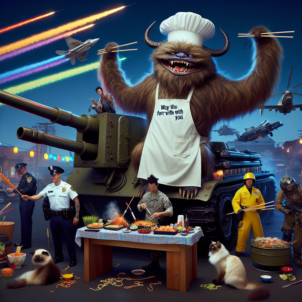 In a creatively reimagined setting, a tall, furry character that strongly resembles a mythical creature stands in front of a vintage artillery-style barbecue grill, wearing a chef's hat and apron with the phrase 'May the Forks be with You.' Their broad grin indicates they are in charge of the barbecue, adding a playful tone. A group of multi-racial, equally gendered police officers are involved in a good-hearted noodle fight. They are using vibrant, glowing sticks as chopsticks while waiting to serve their meals at a temporary sushi stand. Above them, futuristic aircrafts etch colorful tracers in the sky that resemble festive ribbons. Meanwhile, a fluffy Siamese cat, topped with a police hat, is reclining on a vintage army tank, watching the entire scene with contentment.
Generated with these themes: Star Wars, World War Two, Takeaway, Police, and Fluffy siamese cat.
Made with ❤️ by AI.