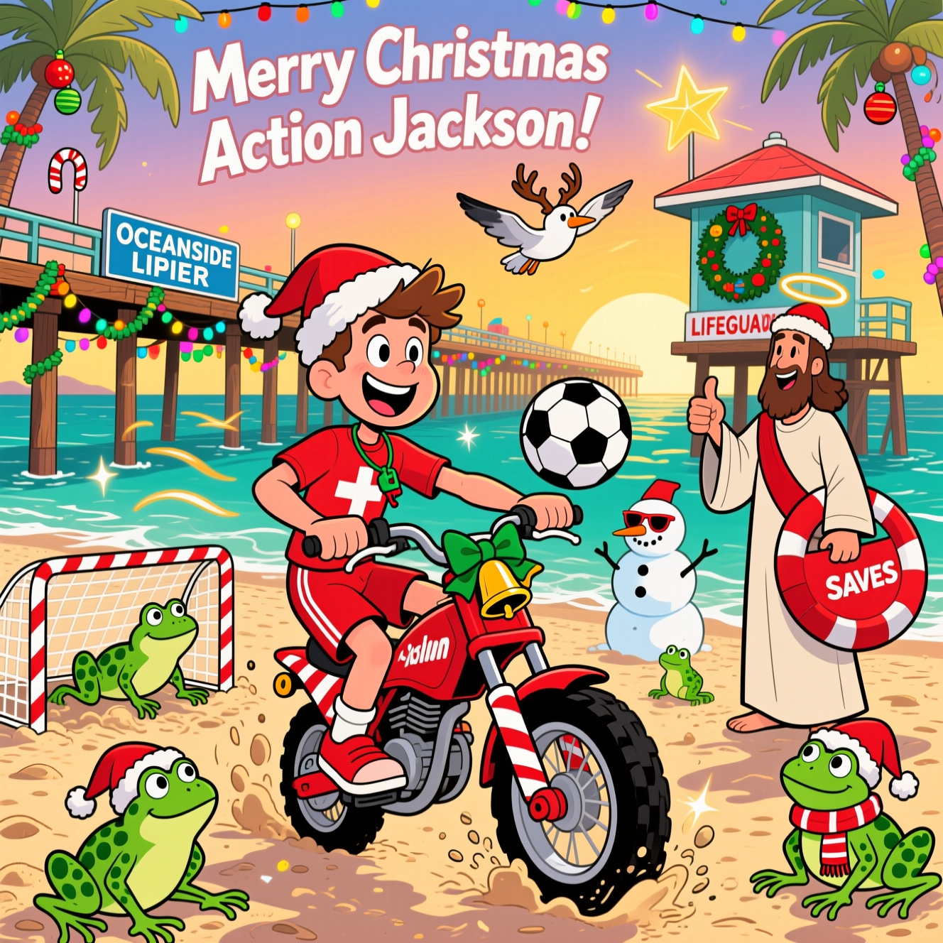 14 year old boy loves soccer, dirt bike riding, lifeguarding on California beach at Oceanside CA , 14 year old girls, Jesus, and amphibians. , and Christmas Card
