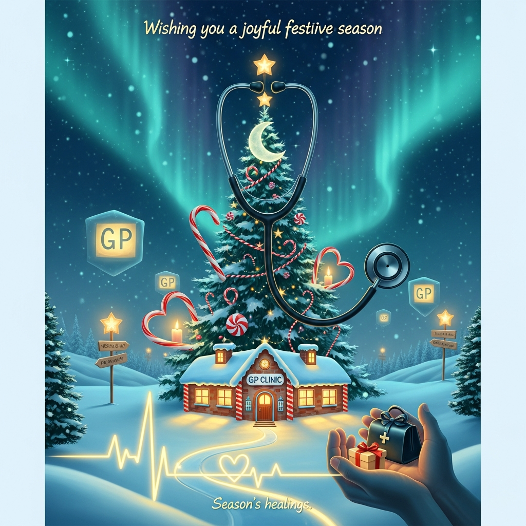 At the top of the Surreal Style image, the text: "Wishing you a joyful festive season"

Dreamlike, Dali-inspired winter wonderland: gentle snowfall drifts through an ethereal twilight sky, aurora-like ribbons of light melting into soft stars. In the center, a towering Christmas tree subtly transforms into a glossy black stethoscope—the tubing spirals as garlands around the evergreen, the earpieces hang like delicate ornaments, and the chestpiece becomes a silver moon gently “listening” to the snowy hush. Candy canes unfurl from branches like curled peppermint leaves, some bending into heart shapes that glow from within. At the base, a warmly lit, gingerbread-like GP clinic cottage with candy-cane columns and frosted eaves radiates care; a softly glowing path shaped like an ECG heartbeat line leads to its open door. Snowdrifts take on the tender contours of cupped hands, cradling small gift boxes—one a classic doctor’s bag tied with a satin ribbon. In the background, faint floating signposts spelling “GP” sparkle among star-lanterns, suggesting helpful GP services woven into the landscape. Colors of icy teal, midnight blue, and candlelit gold; soft bloom, gentle bokeh, volumetric light, painterly textures, surreal melting edges, serene and sincere mood, vertical composition with airy negative space above.

At the bottom in small, warm handwritten script: “Season’s healings.”
Generated with these themes: Snow, Chritsmas tree, GP services, Candy cans, Stescope, and .
Made with ❤️ by AI.