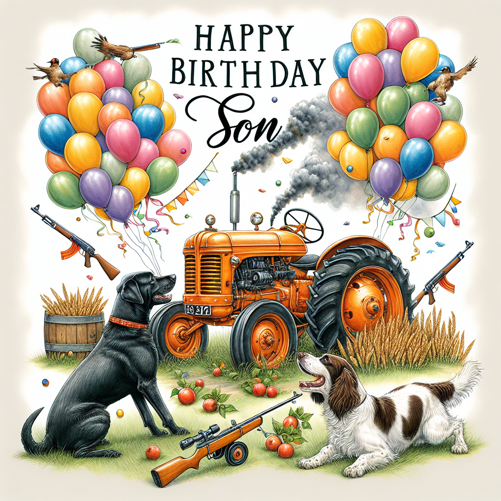 Create a heartwarming illustration with a birthday theme celebrating the milestone of turning 21. The central focus is a delightful, orange-coloured tractor festooned with colourful balloons and streamers. Two pleased dogs, one black Labrador and one brown Spaniel, engage in playful antics around the tractor, their tails expressing their thrill. Suggestive of a friendly shooting contest, groups of smoke can be seen in the background, signifying a sense of adventure. Over this lively scene the words 'Happy Birthday, Son' are written with elegance, embodying the spirit of family affection and adventure on this considerable day.
Generated with these themes: Orange tractor, Black Labrador , Brown Spaniel, Shooting, 21, and Son.
Made with ❤️ by AI.