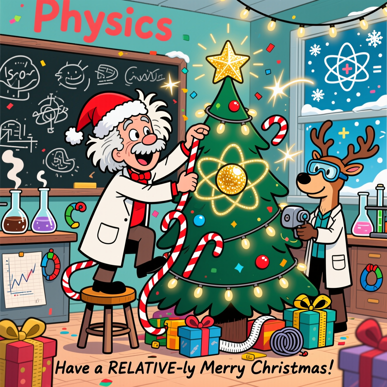 At the top of the Cartoon Style image, Physics

Playful, funny Christmas cartoon scene in bright saturated colors with thick black outlines and exaggerated proportions: Cartoon Albert Einstein with wild, frizzy white hair under a Santa hat and a red-trimmed lab coat is teetering on a stool, cheerfully tangled in candy-cane striped fairy lights shaped like sine waves. He’s decorating a Christmas tree that looks like a giant atom—sparkly golden nucleus as the star, glowing bauble “electrons” orbiting on wire loops. A goofy reindeer lab assistant in safety goggles cranks a Van de Graaff generator, making Einstein’s hair crackle and the lights flicker; tiny photons zip around like twinkling confetti. The cozy physics lab is packed with whimsical details: a chalkboard full of playful diagrams and doodles, beakers of steaming cocoa on a bench, graph-paper-wrapped gifts with ribbon measuring tapes, magnets, coils, and snowflakes outside the window shaped like tiny atoms and plus/minus signs. Dynamic motion lines, soft glow, and sparkles everywhere. Portrait orientation, image-first composition.

Small hand-lettered caption at the bottom: “Have a RELATIVE-ly Merry Christmas!”
Generated with these themes: PHYSICIS, PHYSICS, Physics, Albert einstein, and .
Made with ❤️ by AI.
