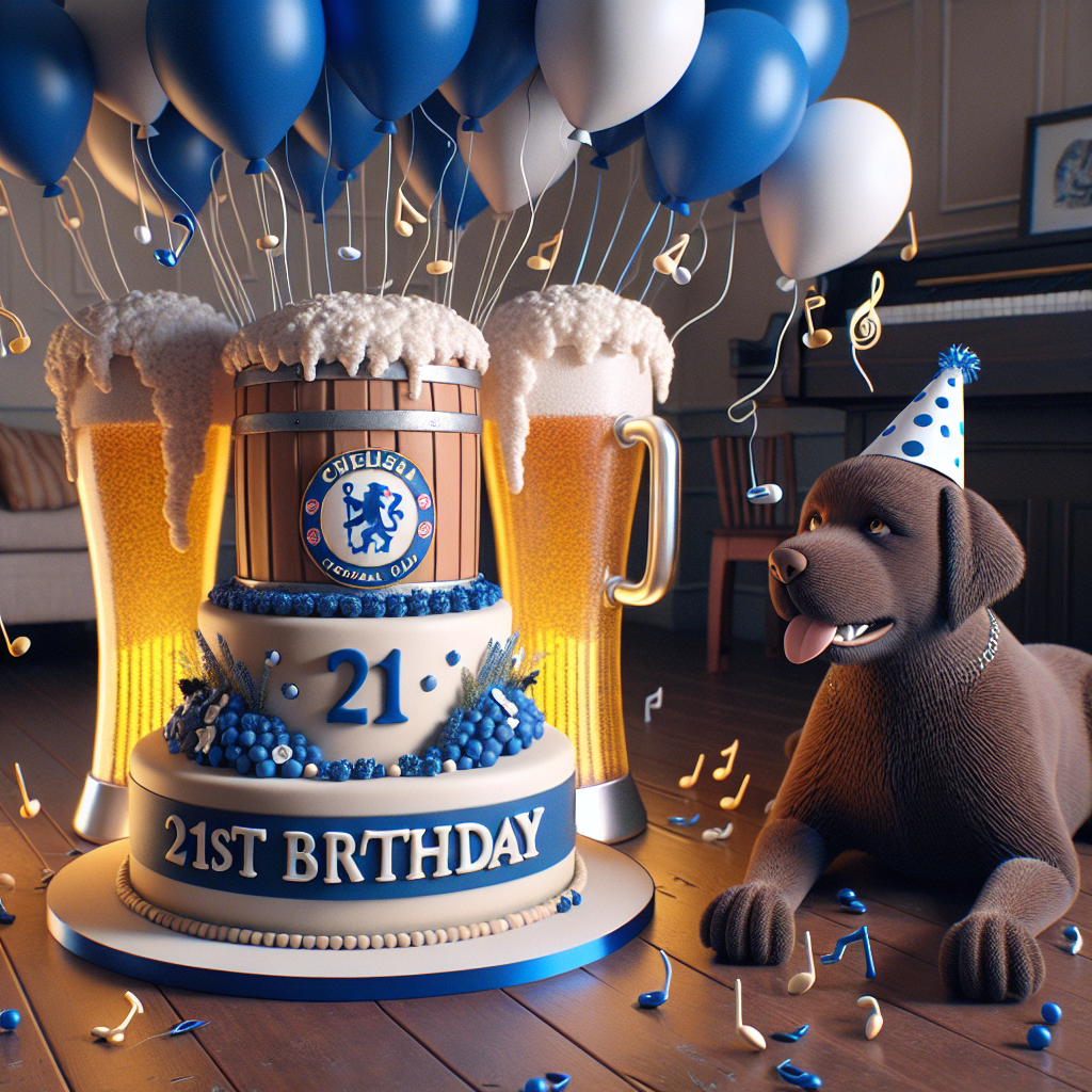 Visualize a scene celebrating a 21st birthday with a charming and realistic theme. Dominating the scene is a meticulously designed cake dedicated to FC Chelsea, embellished with edible beer mug toppers that shimmer like real ales. Floating above are blue and white balloons, mimicking the colors of the beloved soccer club. Musical notes are interspersed among the balloons, drifting gracefully, manifesting a profound affection for melodies. A remarkably lifelike plushie of a chocolate Labrador is located nearby, adorned with a party hat, its eyes radiating warmth and friendliness, contributing to the homely vibe. The room is filled with the faint soundtrack of spirited music, encapsulating the birthday party ambiance.
Generated with these themes: 21 birthday, FC Chelsea, beer, music, baloons, chockolate labrador.
Made with ❤️ by AI.