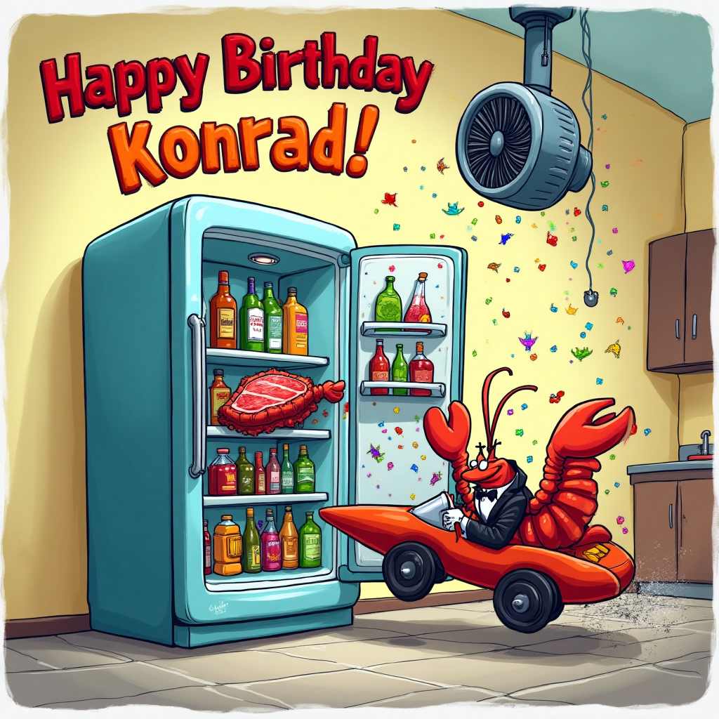 At the top of the Cartoon Style image, write "Happy Birthday Konrad" in playful, bubbly letters with vibrant colors.

---

Imagine a lively cartoon scene bursting with humor and energy. A whimsical kitchen comes to life with a refrigerator character, its door wide open, revealing a party inside! Bottles of drinks are dancing on the shelves, while a steak and a lobster, dressed in tuxedos, are racing in a tiny fast car zooming out of the fridge.

The HVAC system overhead looks like a quirky fan character, blowing a gust of wind to cheer on the race, as colorful confetti swirls around. The whole scene is alive with movement and celebration.

For an extra chuckle, include a cheeky caption near the bottom: "Chillin' and Grillin' in Style!"
Generated with these themes: Refrigeration, Hvac, Drinks, Steak, Lobster, Fast cars, and .
Made with ❤️ by AI.