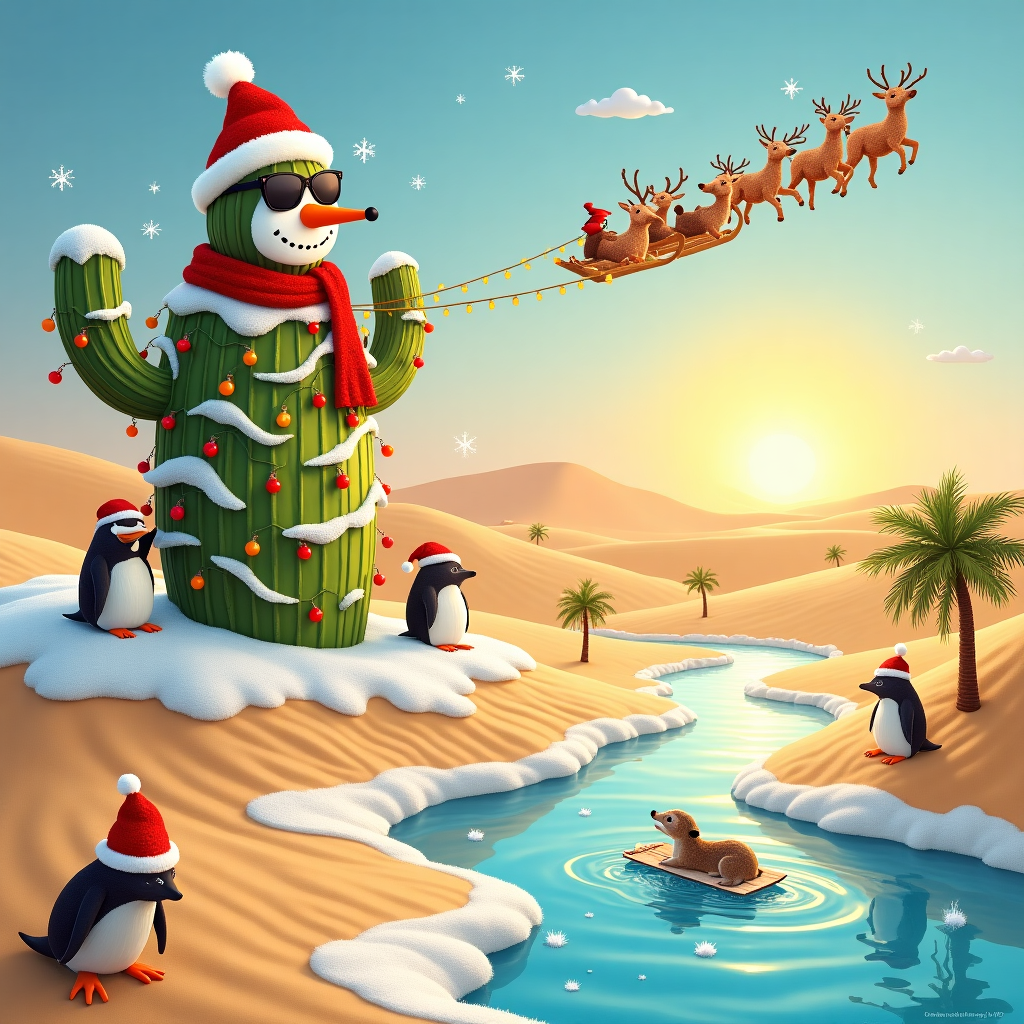 Picture a whimsical holiday scene where the desert meets a winter wonderland. At the heart of this festive card is a grand, playful sand dune covered with a patchwork quilt of freshly fallen snow. The snow is artfully arranged, showcasing the ripples of sand beneath, creating an illusion of icy waves frozen in time. Perched atop the tallest dune is a cactus dressed as a Christmas tree, adorned with twinkling fairy lights and dangling colorful ornaments shaped like tiny camels and stars. Beside the cactus, a cheerful snowman made of sand and snow is wearing sunglasses and a jaunty red scarf, with a carrot nose and pebble smile. The sun is setting on the horizon, casting a soft golden glow across the scene, and in the sky, Santa's sleigh can be seen pulled by a team of reindeer, with Rudolph's nose shining bright. To the left, a group of penguins, who have somehow found their way to this peculiar place, are joyously sledding down the snow-kissed dunes on festive sleds fashioned from palm fronds. The foreground features an oasis mirage, with shimmering reflections of palm trees that have ornaments instead of coconuts. In the lower corner, an inquisitive meerkat peeks out from a sandy burrow, wearing a tiny Santa hat, adding an extra touch of charm and curiosity to this desert dreamland.
Generated with these themes: sand ripples and snow on dunes.
Made with ❤️ by AI.