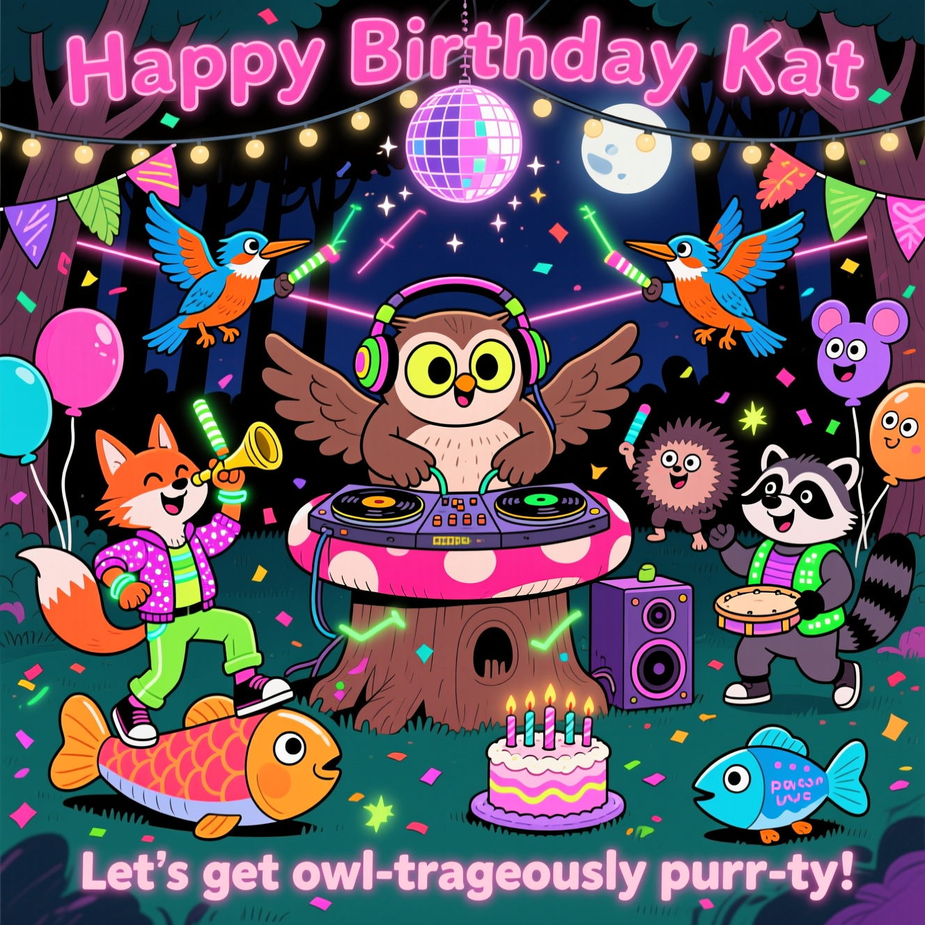 At the top of the Cartoon Style image, Happy Birthday Kat

Playful, funny, high-energy cartoon scene with exaggerated proportions, thick black outlines, and bright saturated colors: a nighttime woodland festival-rave in a forest clearing. Center stage, a chunky wide-eyed owl DJ on a giant mushroom-stump stage, wearing oversized headphones and spinning glowing records, wings flared mid–beat drop. In the foreground, cheeky cats in neon rave outfits and glow-stick bracelets dance in whimsical, energetic poses—one crowd-surfing on an inflatable fish, another doing the “paw-wave.” Overhead, strings of festival lights and a glittering disco ball shower sparkles, while two vibrant kingfisher birds “conduct” crisscrossing laser beams with tiny glow batons, their electric blue-and-orange feathers streaking like neon. Friendly wildlife partygoers fill the scene: a fox in a glitter jacket blasting a party horn, a hedgehog in an LED vest, a raccoon shaking a tambourine, a badger whistling—all bouncing with goofy grins and big expressive eyes. Feather-shaped bunting, confetti bursts, balloons shaped like mice and fish, and a small birthday cake with candles perched on a speaker (a bass-fish–shaped subwoofer) add to the birthday vibe. Neon palette (hot pink, lime, electric purple, cyan), motion lines, sparkles, and soft moonlight filtering through trees; bold, bubbly title text styled like glowing glow-stick letters.

At the bottom of the Cartoon Style image, Let’s get owl-trageously purr-ty!
Generated with these themes: Owls, Raving, Wildlife, Cats, Kingfisher Birds, Festivals, , and .
Made with ❤️ by AI.