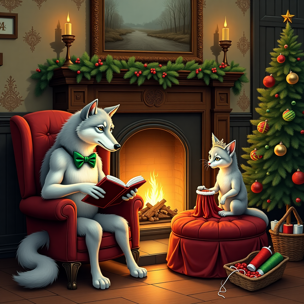 A wolf in a bow tie reading, A cat in a tiara sewing, and A fireplace Christmas Card