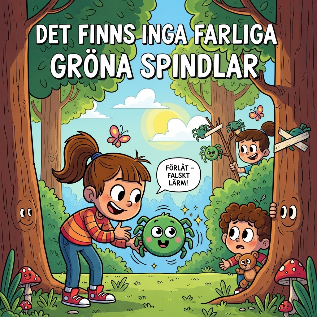 At the top of the Cartoon Style image, Det finns inga farliga gröna spindlar

A big, funny, playful cartoon forest scene in bright saturated colors with thick inky outlines. In the foreground, an older girl with a ponytail and oversized head, bright striped shirt and sneakers, leans down with an apologetic grin, offering a super-cute, round, bright-green spider plush with huge friendly eyes and a silly smile. Beside her, a small curly‑haired boy with big expressive eyes and a teddy bear peeks from behind a chunky tree, shifting from worried to relieved. The girl has a small speech bubble that says: “Förlåt – falskt larm!” In the background, two friends peek sheepishly from a bush, holding a stick with taped-on paper spider cutouts, revealing the harmless prank. The forest is whimsical: chunky trees, oversized leaves, butter-yellow sunlight, fluttery butterflies, and smiling mushrooms. Add playful motion lines and sparkles around the plush spider to shout “friendly, not scary.”

Style and vibe:
- Exaggerated proportions, thick black outlines, bold flat shading, sticker-like shapes
- Bright cheerful palette: leafy greens, sky blues, sunshine yellows, pops of pink
- Keep the spider unmistakably cute and non-threatening; avoid realistic spider textures
- Funny, warm, apologetic mood; energetic poses

Typography:
- Headline in big hand-lettered bubble letters with a soft white stroke and subtle drop shadow to pop against the trees
- Speech bubble text clear, single short line, same cartoon style

Framing and lighting:
- Wide medium shot, characters centered; forest frames them like a stage
- Sunny daytime with soft highlights, gentle shadows; light vignette to focus on the kids

No extra text anywhere else.
Generated with these themes: .
Made with ❤️ by AI.