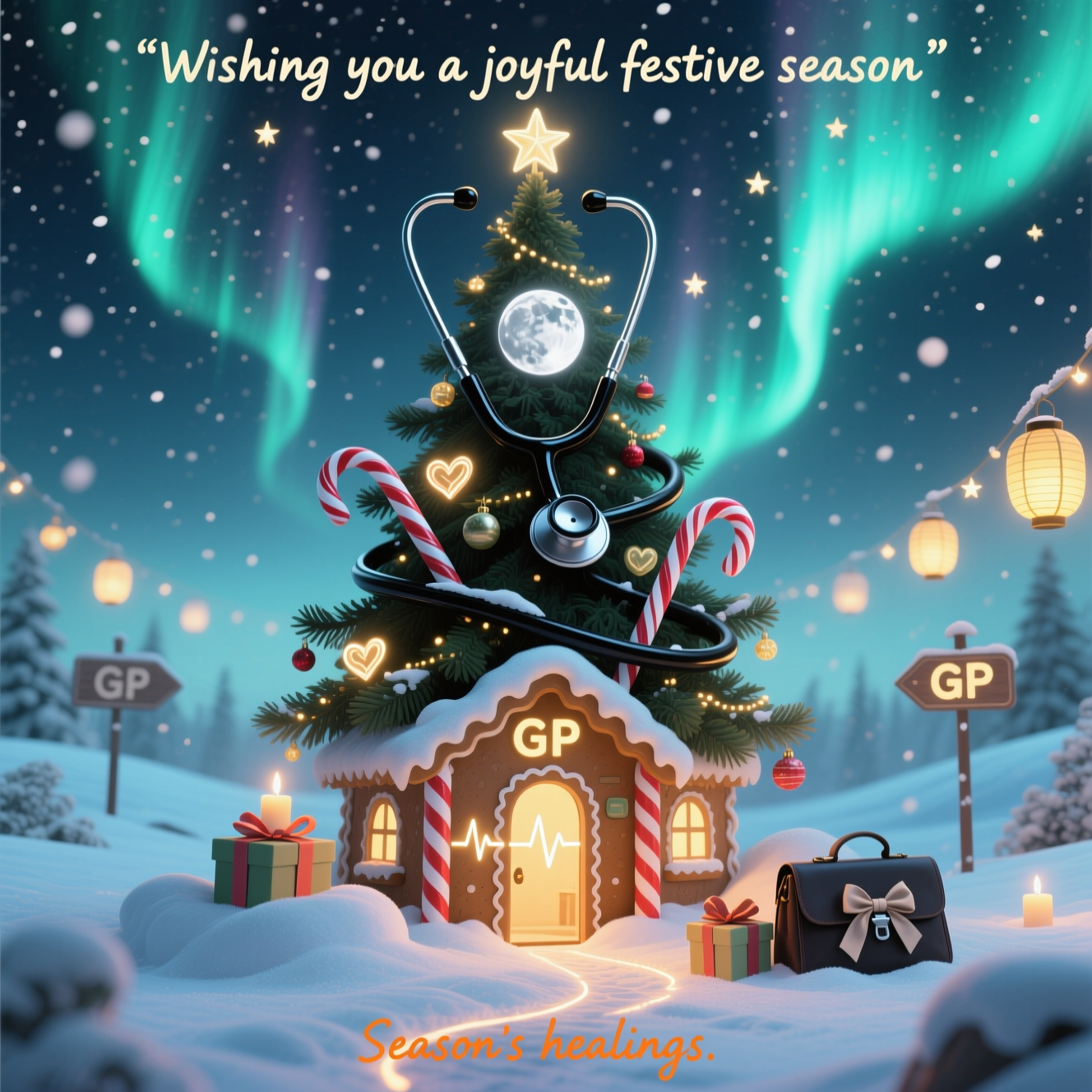 Snow, Chritsmas tree, GP services, Candy cans, Stescope, and Christmas Card