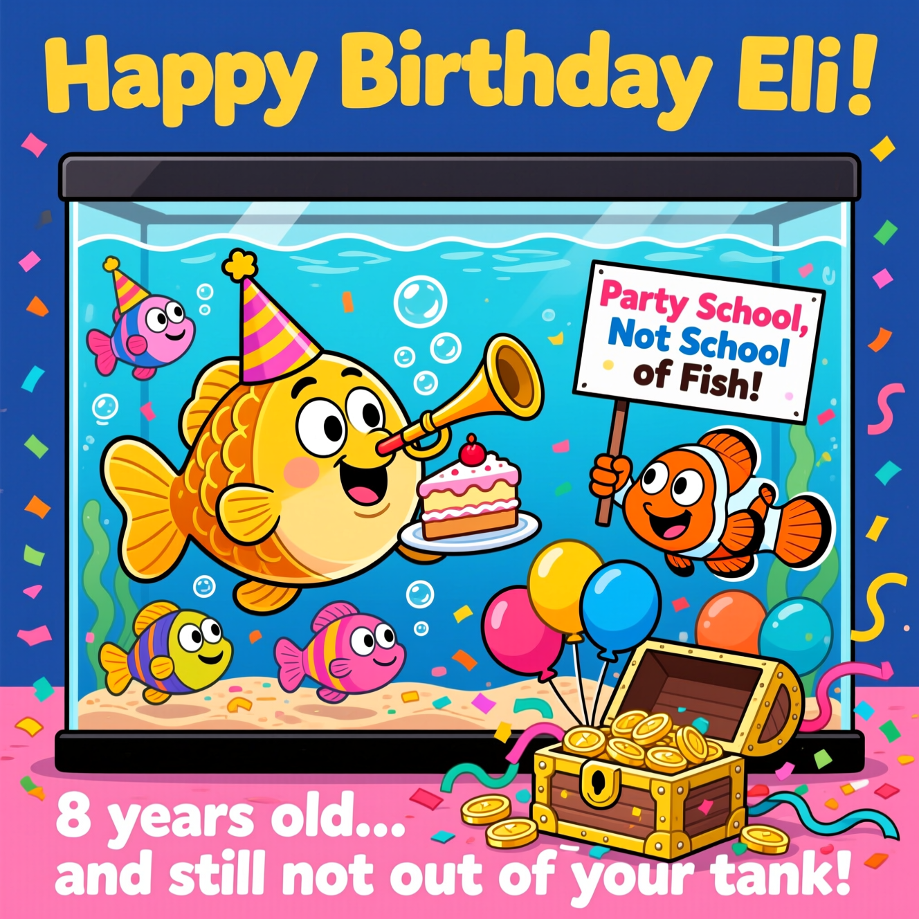 At the top of the image, "Happy Birthday Eli!"  

At the bottom of the image, "8 years old… and still not out of your tank!"  

In the center, show a big, goofy cartoon fish tank filled with brightly colored, wide-eyed fish wearing birthday hats and blowing party horns. One chunky goldfish is holding a slice of cake underwater (with bubbles floating up), while a cheeky clownfish is holding a sign that says “Party School, Not School of Fish!” A treasure chest at the bottom is bursting open with balloons, confetti, and streamers instead of gold. The whole scene is vibrant, silly, and full of energy, with thick outlines, exaggerated cartoon expressions, and super-saturated colors.
Generated with these themes: Fish tank 8 years old, and .
Made with ❤️ by AI.