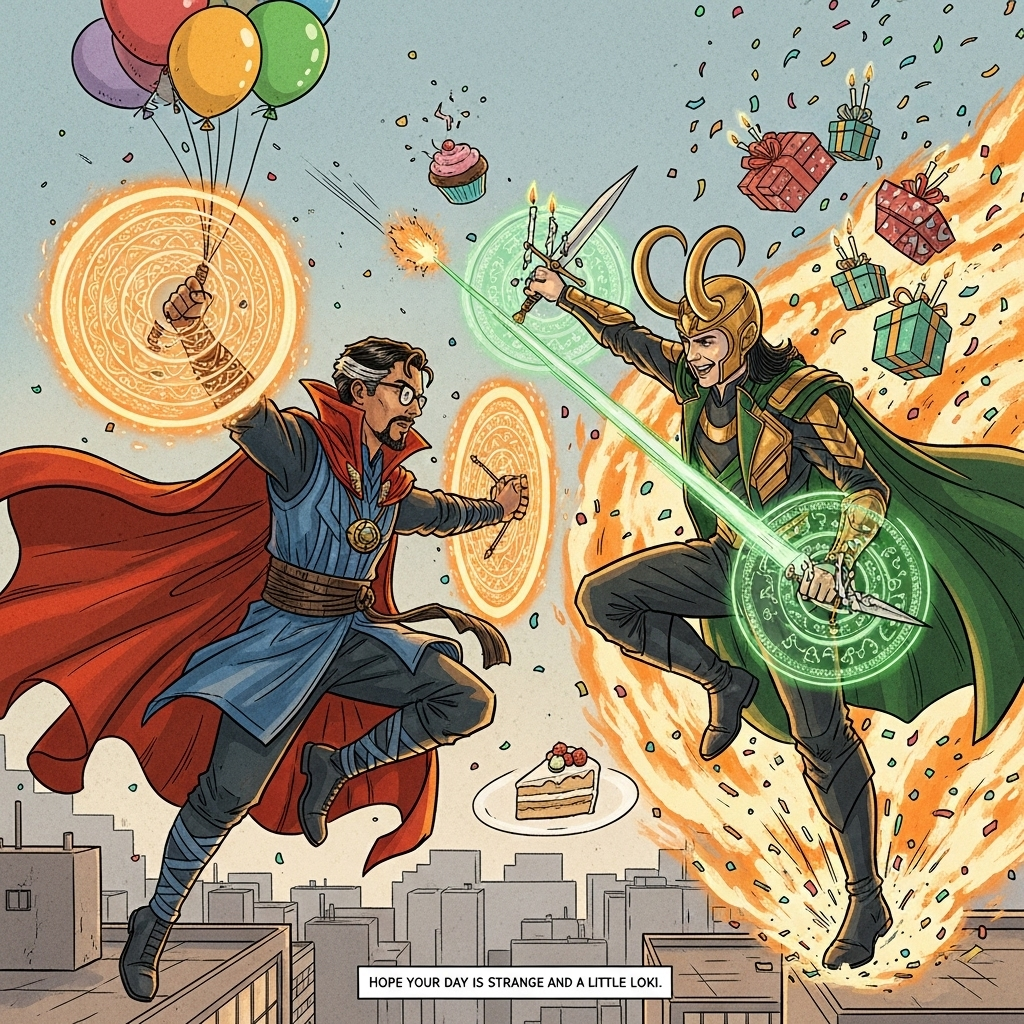 Dr Strange marvel (Pakistani brown skin with black glasses) fighting , Fight scene Marvel , Loki marvel , Battle fight scene , and Birthday Card