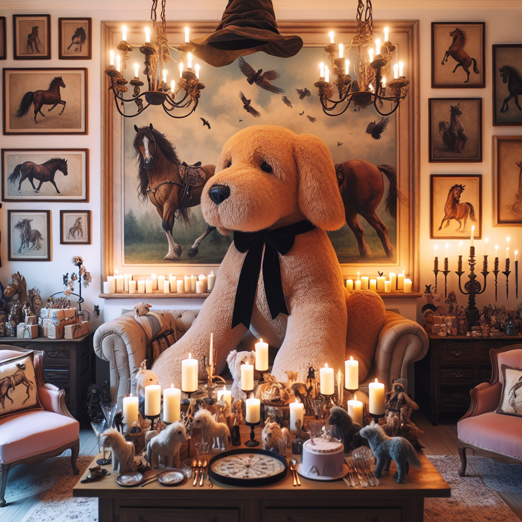 Create a sweetly captivating birthday scene, steeped in homely comfort. The centerpiece of the room is a life-size plush toy resemblant of an adorable mixed-breed dog, invitingly soft and furry. This is engulfed by tastefully arranged horse-themed decor, including intricate equine figurines and wall art showcasing the grandeur of horses. Overhead, an array of suspended candles glow, reflecting the fantastical charm of a famed fictional wizarding school's dining hall. Below them is a thoughtfully arranged collection of mysterious lore books and a whimsical hat known for its sorting ability. A backdrop of pleasant music fills the air, amplifying the enchanting atmosphere of the event.
Generated with these themes: Cavapoo, Horses, Harry potter, and Taylor swift.
Made with ❤️ by AI.