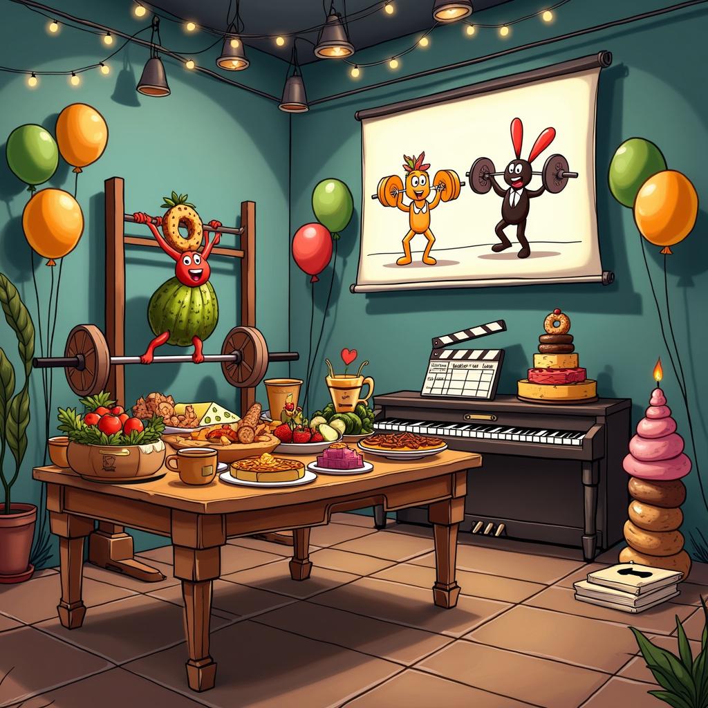 A lively cartoon birthday setting with a fitness twist. Dominating the background is a crossfit rig where food characters are engaged in a playful workout, lifting barbells topped with donuts and doing pull-ups on licorice bars. In the foreground, a grand piano-shaped buffet table holds an assortment of edibles, including fruit, cheese, and a tower of macarons, aligned with the theme of food and music. Overhead, a film projector casts a silent black and white cartoon onto a pull-down screen, where vegetable characters play out a slapstick chase, referencing movies. Along the edges of the room, coffee-themed decorations are prominent: cup-shaped balloons, espresso shot string lights, and a coffee bean pinata. The scene is anchored by an oversized movie clapper centerpiece that doubles as a birthday card signed by illustrated versions of the birthday person's favorite movie stars.
Generated with these themes: Fitness, Movies, Coffee, Food, and Music.
Made with ❤️ by AI.