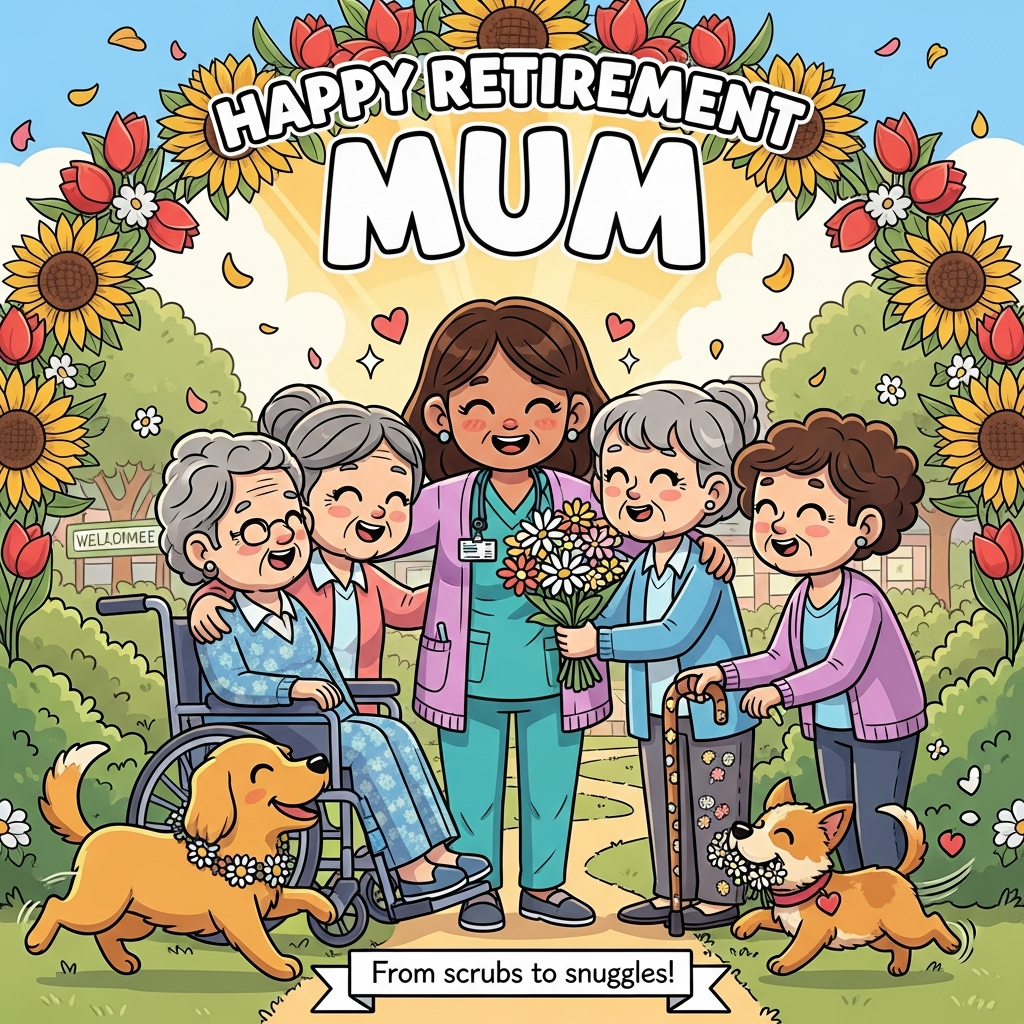At the top of the Cartoon Style image, the text "Happy Retirement MUM" in big friendly hand-lettered bubble letters with a thick white outline and soft shadow, nestled among bright blossoms.

Portrait, full-bleed, sincere and joyful. Center scene: a warm, smiling care worker mum in teal scrubs and a soft lilac cardigan, exaggerated cute proportions (big expressive eyes, rounded features), gently hugging two delighted elderly residents—one in a flower-decorated wheelchair, another standing with a cane covered in tiny floral stickers—while a third senior hands her a vibrant bouquet. Two playful therapy dogs (a golden retriever with a flower garland and a small terrier with a heart-shaped tag) bounce around her feet, tails wagging with motion lines, one offering a bunch of daisies in its mouth. Lush garden setting with an arch of sunflowers, tulips, and daisies framing the top, petals and confetti-like blossoms drifting through warm golden sunlight. Soft, sincere smiles, gentle sparkles and little hearts around the embraces. Hint of a welcoming care home garden path in the background (no signage). Thick, clean outlines, bright saturated colors (teal, coral, sunshine yellow, sky blue), bold cel shading, whimsical energetic poses, but a heartfelt, thankful mood.

At the bottom, a small curved ribbon with a single short caption: “From scrubs to snuggles!” (no other text).
Generated with these themes: Care worker, Dogs, Old people, Flowers, and .
Made with ❤️ by AI.