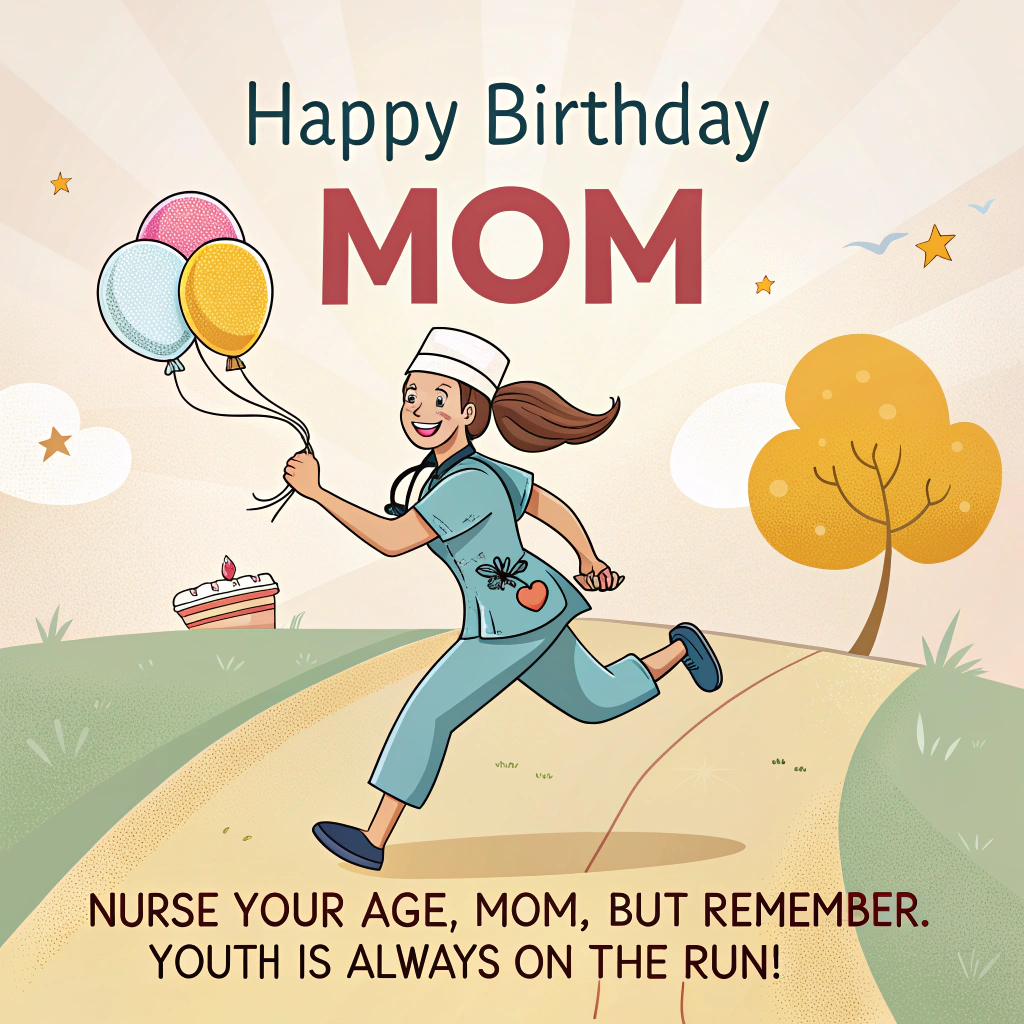At the top of the image, "Happy birthday Mom":

At the bottom of the image, "Nurse your age, Mom, but remember, youth is always on the run!"

- In the center of the image, illustrate a cheerful, cartoon-style scene where a nurse, dressed in a playful version of scrubs, is sprinting down a sunny path. She has a stethoscope bouncing around her neck, with an exaggerated smile and her hair streaming back in the wind. In one hand, she's holding a balloon bouquet and in the other, a tiny cake. Her feet are humorously clad in oversized running shoes, adding to the playful mood.
Generated with these themes: Nurse, Running, and .
Made with ❤️ by AI.