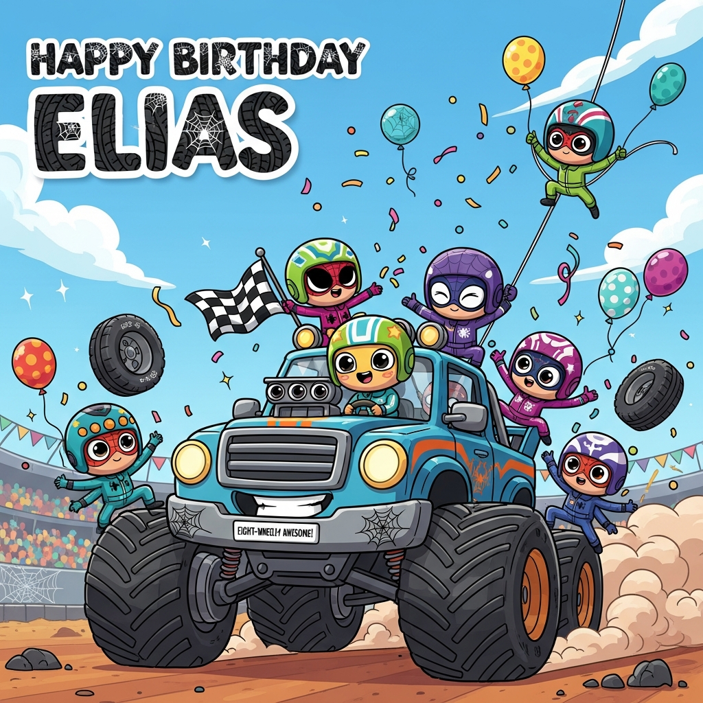 At the top of the Cartoon Style image, “Happy birthday Elias” in chunky bubble tire-track letters with tiny web doodles, bold white outline and a soft drop shadow.

Playful, cute Cartoon Style scene with exaggerated proportions, thick outlines, bright saturated colors, and whimsical, energetic poses: A colossal, adorable monster truck pops a wheelie on a dirt arena, confetti and party balloons (some tire-shaped) exploding all around. The truck has a big smiling grille, gleaming headlights-as-eyes, and web-patterned hubcaps; dust clouds curl into subtle spiderweb spirals for extra flair.

Cheering around and aboard are original spider-people drivers (distinct, not from any franchise): round, chibi faces with 6–8 shiny eyes, friendly grins, a few extra arms for comedic effect. They wear mismatched racing suits and helmets in teal, lime, and purple with playful stripes, polka dots, and stars. One spider driver steers with delight, one stands on the hood waving a checkered “web” flag, and another swings overhead on a silk strand, tossing confetti. Low-angle perspective to make the truck feel huge; bright blue sky, puffy clouds, streamers, and sparkles for a festive birthday vibe. Soft cel shading, glossy highlights, clean vector-like linework.

Include one tiny extra line of text as a fun detail on the truck’s front license plate: “Eight-wheely awesome!”
Generated with these themes: Monster truck spider men , and .
Made with ❤️ by AI.