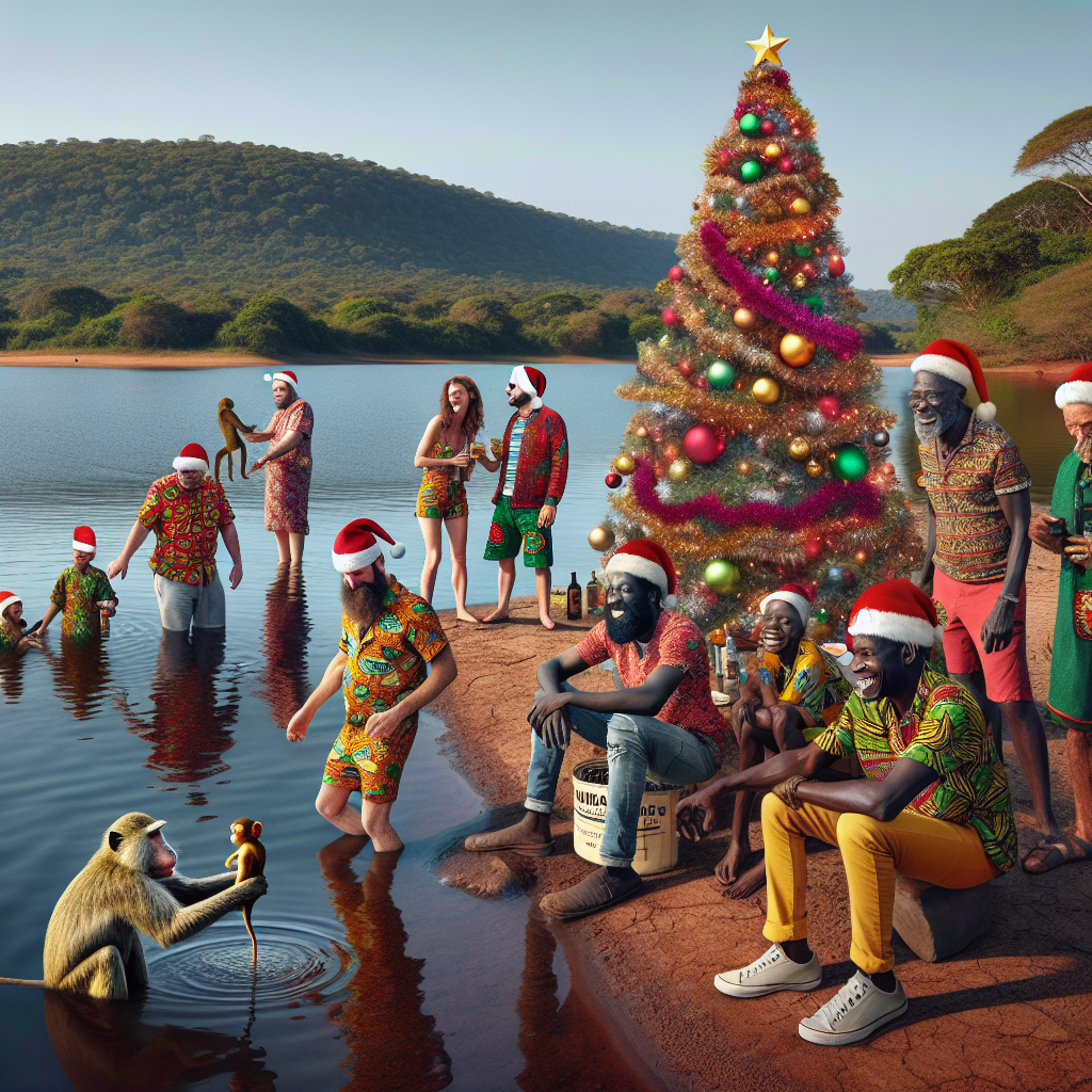 On the banks of an African lake, a group is enjoying a Christmas barbecue. People are wearing Santa hats with vibrant African prints, and a makeshift Christmas tree made from local flora stands by the water's edge. The tree has a bright sign with the name 'Ray' scrawled on it as a cheeky monkey attempts to swipe a piece of tinsel, much to the crowd's amusement.
Generated with these themes: Africa, and Lake.
Made with ❤️ by AI.