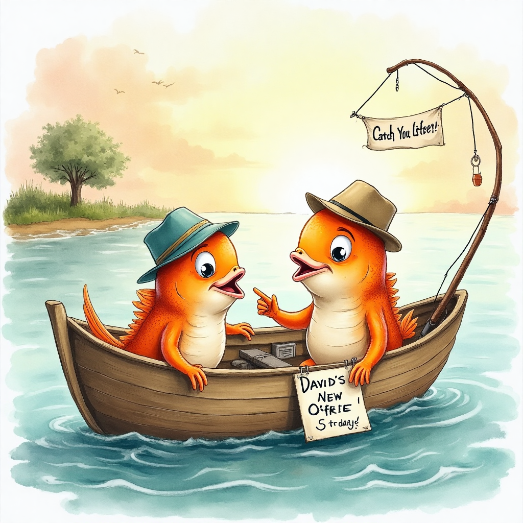 At the top of the Watercolor Style image, incorporate the text: "David's Gone Fishing!"

**Image Description:**

Imagine a whimsical scene where a pair of fish are sitting in a small wooden boat, rods in their fins, with tiny fishing hats perched atop their heads. They have a cartoonish, exaggerated look with wide, friendly eyes. One fish is eagerly pointing toward a sign that reads, “David's New Office,” which is an old fishing rod propped up with a hanging sign over the side of the boat. The watercolor hues are gentle, with light blues and greens capturing the serene water setting, while the sky is a blend of soft oranges and pinks, suggesting a sunset. 

In the background, a shoreline is visible with a few trees painted in abstract strokes. One of the trees has a banner hanging between its branches saying, "Catch You Later!" The scene humorously suggests that David is leaving the corporate world for a peaceful life on the water.
Generated with these themes: Fishing, and .
Made with ❤️ by AI.
