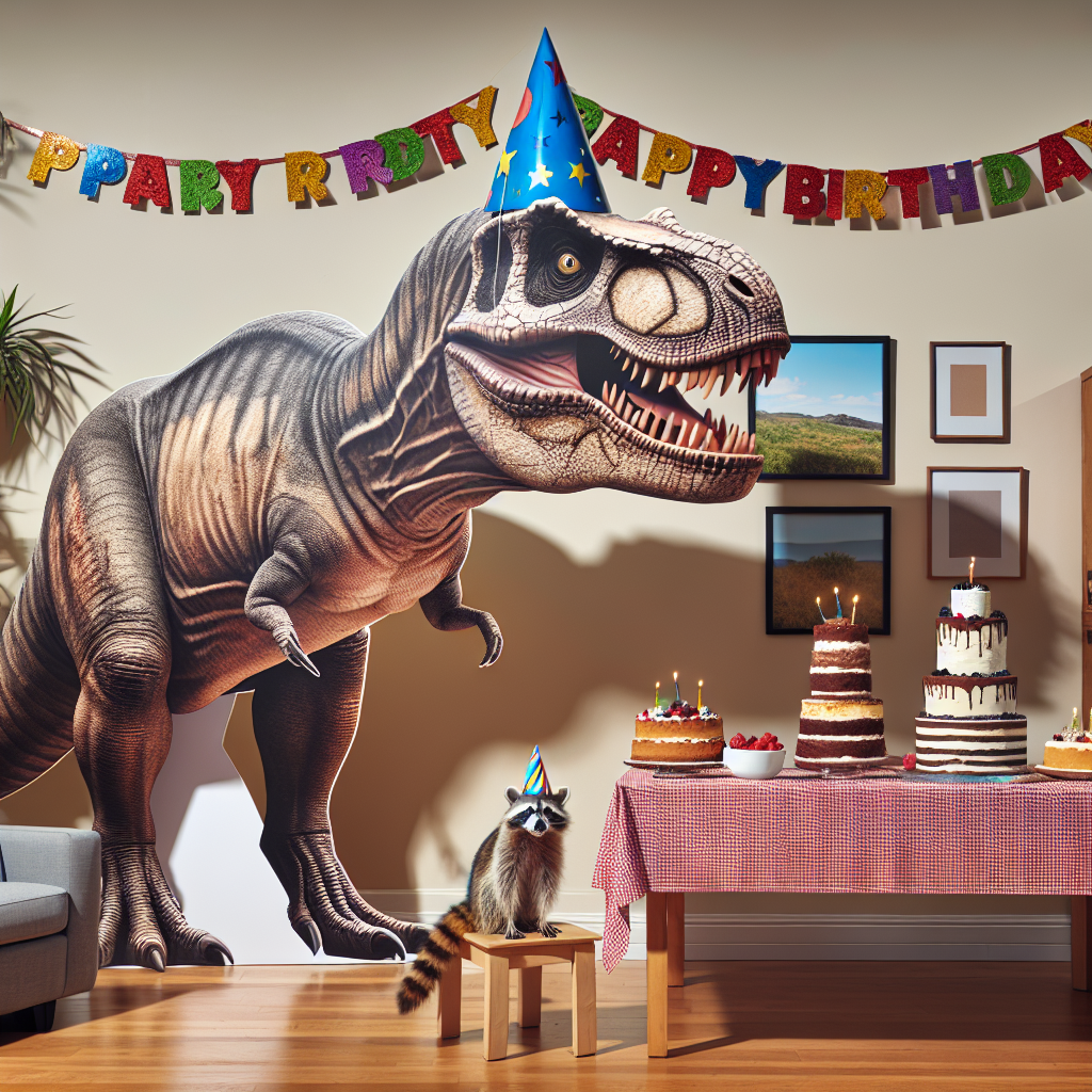 Create an amusing image of a birthday party set-up in a comfortable living room environment. There is a life-sized cardboard cutout of a Tyrannosaurus Rex, wearing a festive party hat, stationed beside a table full of various types of cakes. What's interesting is this dinosaur cutout has a twist--a disproportionately large picture of a grinning Raccoon covering its face. This produces a humorous and charming combination of prehistoric ferocity with contemporary playfulness, which is the peculiarity for this birthday celebration. The entertaining amalgamation of 'T-rex racoon' oversees the party activities.
Generated with these themes: Trex raccoon.
Made with ❤️ by AI.