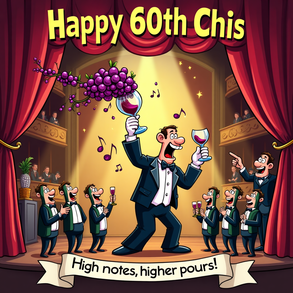 At the top of the Cartoon Style image, the text: "Happy 60th Chis" in bold golden opera-marquee letters with thick black outlines, sparkling under warm spotlights.

A playful, funny Cartoon Style scene inside a grand opera house: heavy red velvet curtains parted on a gilded stage. Center stage, a flamboyant opera singer with exaggerated proportions and a huge open mouth belts a high note while clutching an oversized crystal wine goblet like a microphone; ruby wine swirls out as musical notes that curl into purple grapevines with shiny leaves. A dapper conductor waves a corkscrew baton, and a chorus line of anthropomorphic wine bottles in tiny bow ties and white gloves kicks in unison, doing jazz hands. Balcony boxes brim with cheering caricature patrons clinking glasses; chandeliers shaped like corks sparkle; delicate flutes comedically wobble from the high C. Thick black outlines, bright saturated colors (ruby, royal purple, gleaming gold, emerald), cel-shaded highlights, star-sparkle glints, and whimsical, energetic poses. Slight low-angle view for extra drama; confetti of grape leaves and musical symbols floating through warm golden stage lights.

At the bottom of the image, a small ribbon banner with the cheeky line: "High notes, higher pours!" in bold white text with a black outline.

No other text.
Generated with these themes: Opera wine , and .
Made with ❤️ by AI.
