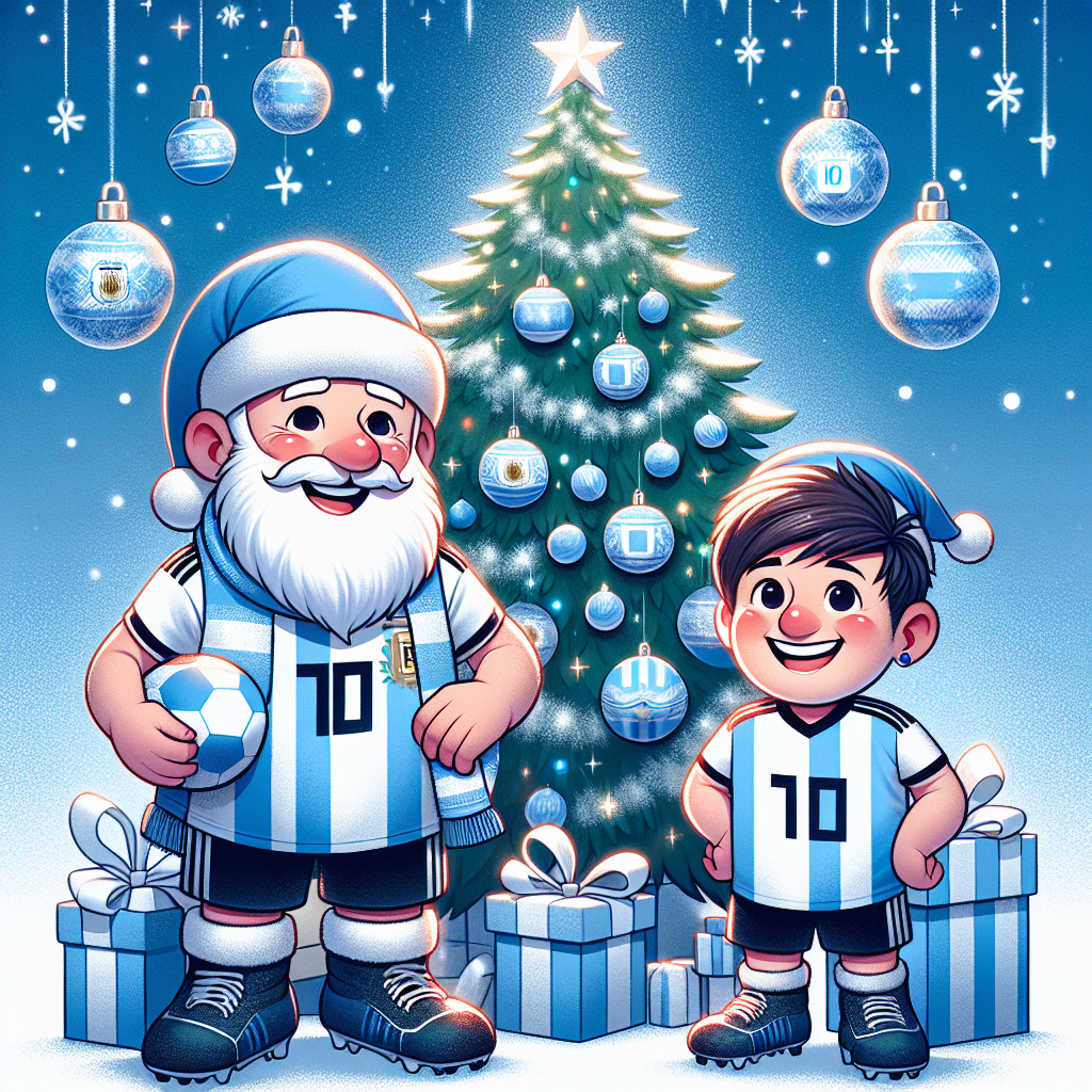 A cozy Christmas illustration showcases a glistening Christmas tree adorned with blue and white ornaments, reflecting the colors of the Argentina flag. Beneath the tree, Maradonna and Lionel Messi are depicted as cheerful, cartoon-like characters, each wearing Santa hats and holding festive gifts with the number '10' on them. The background is dotted with soft snowflakes, creating a whimsical holiday atmosphere.
Generated with these themes: Maradonna , Lionel Messi , Argentina , and Christmas tree.
Made with ❤️ by AI.