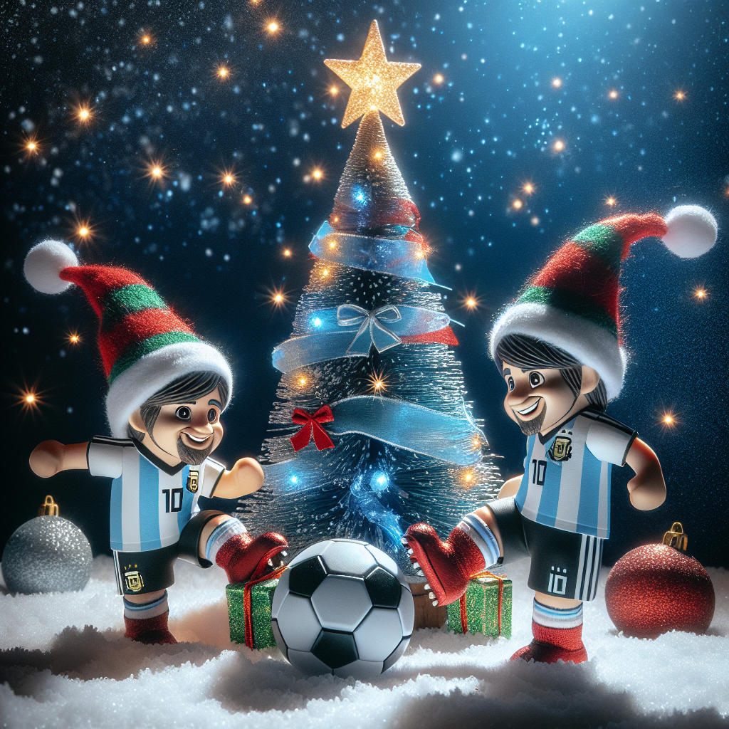 In this heartwarming Christmas scene, the magic of the holidays is captured with a twinkling Christmas tree at the center, surrounded by Argentinian football legends, Maradonna and Lionel Messi, rendered in a cute, stylized manner. They are playfully kicking a football wrapped in ribbons while dressed in iconic striped Argentina jerseys topped with whimsical elf hats, amidst a backdrop of falling snow and twinkling stars.
Generated with these themes: Maradonna , Lionel Messi , Argentina , and Christmas tree.
Made with ❤️ by AI.